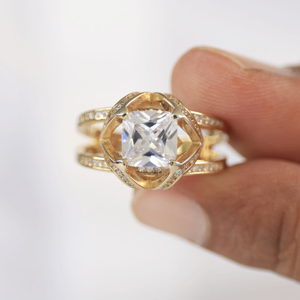 Geometric Halo Wide Band Design Men's Engagement Ring in 14k Solid Gold, 3.00 CT Cushion Cut Lab Created Diamond, Anniversary Gift, Party Wear Ring - Shoora Designs