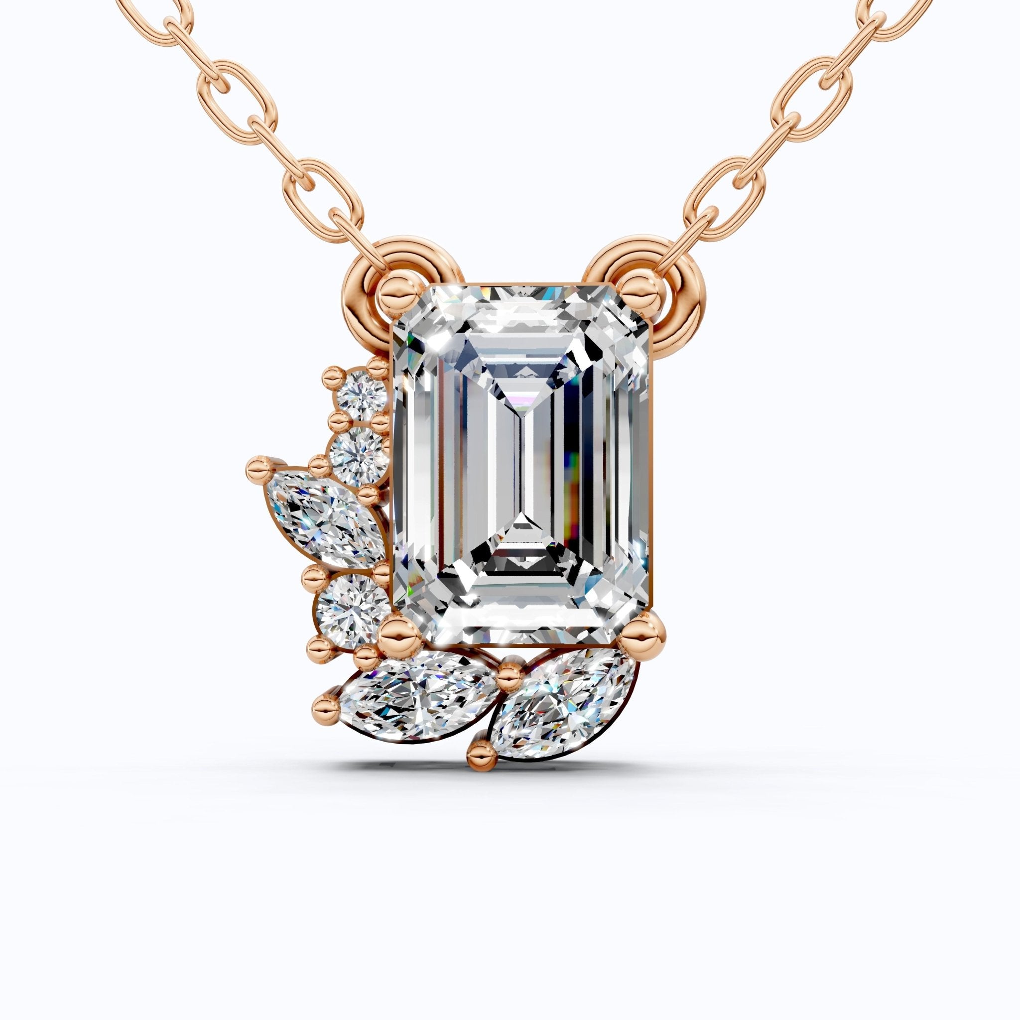 Glam Emerald Side Cluster Wedding Pendant in 14k Solid Gold, 1.19 TCW Emerald/Marquise/Round Cut Lab Diamonds, Birthday Pendant for Women, Everyday Pendant - Shoora Designs