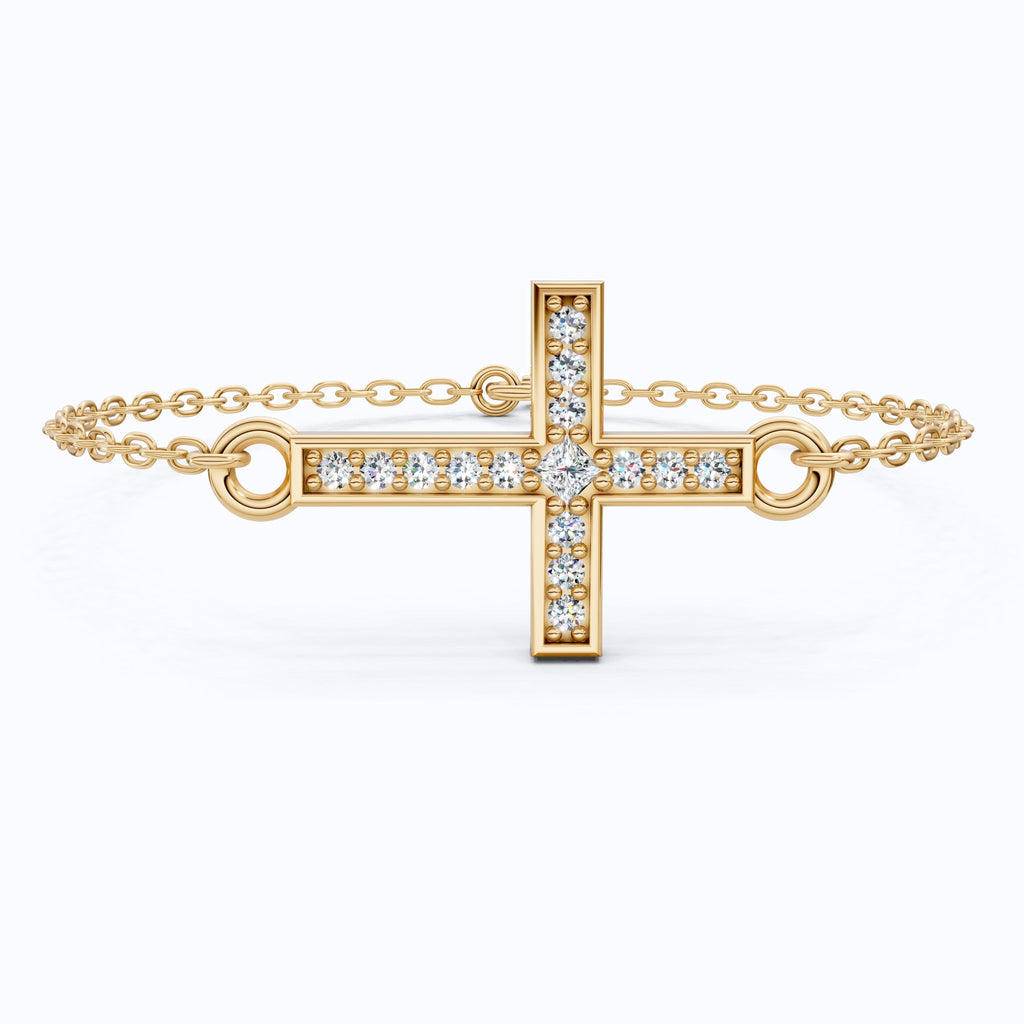 Horizontal Cross Dainty Chain Bracelet in 14k Solid Gold, 0.09 TCW Round Cut Lab Grown Diamonds, Promise Jewelry, Religious Gift for Wife - Shoora Designs