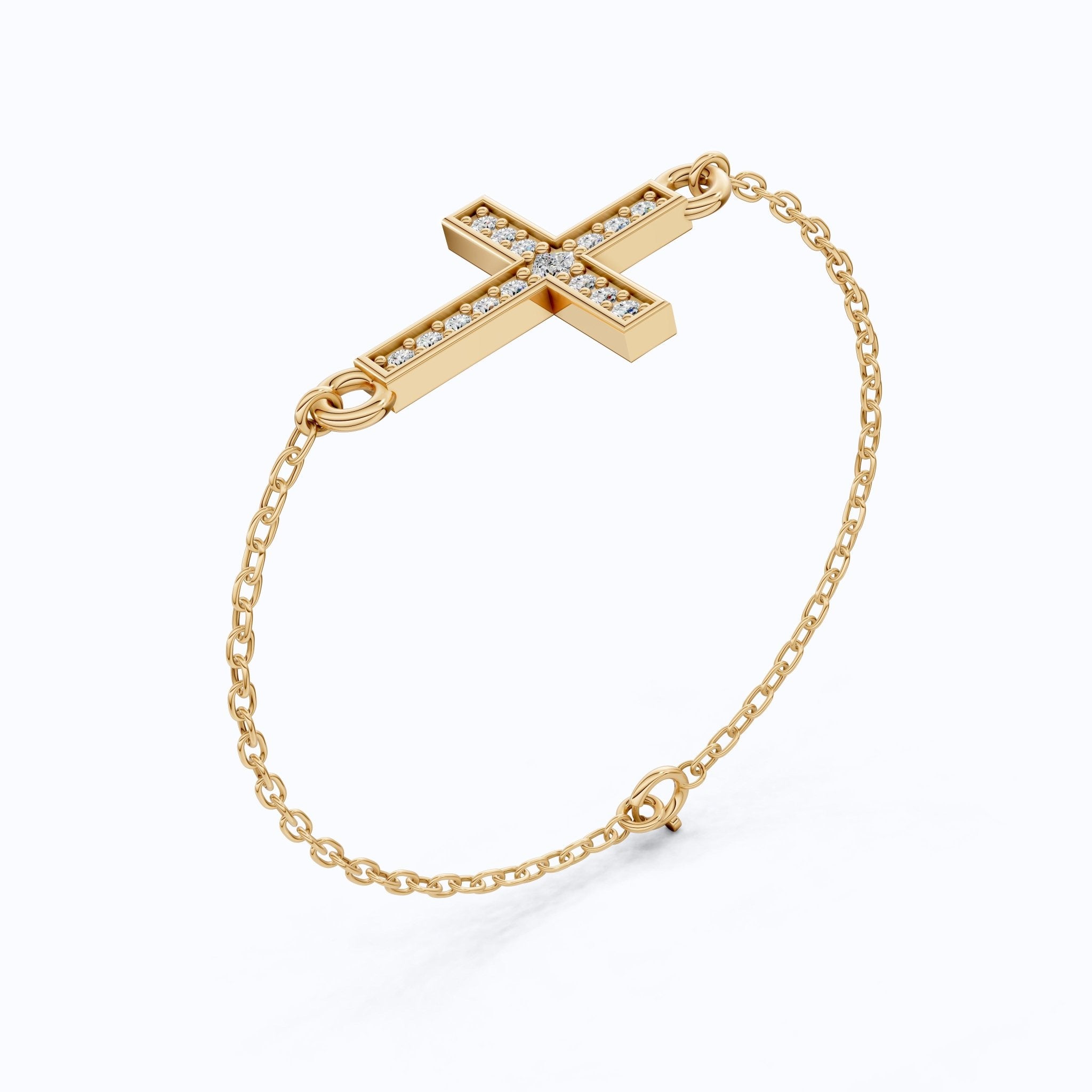 Horizontal Cross Dainty Chain Bracelet in 14k Solid Gold, 0.09 TCW Round Cut Lab Grown Diamonds, Promise Jewelry, Religious Gift for Wife - Shoora Designs