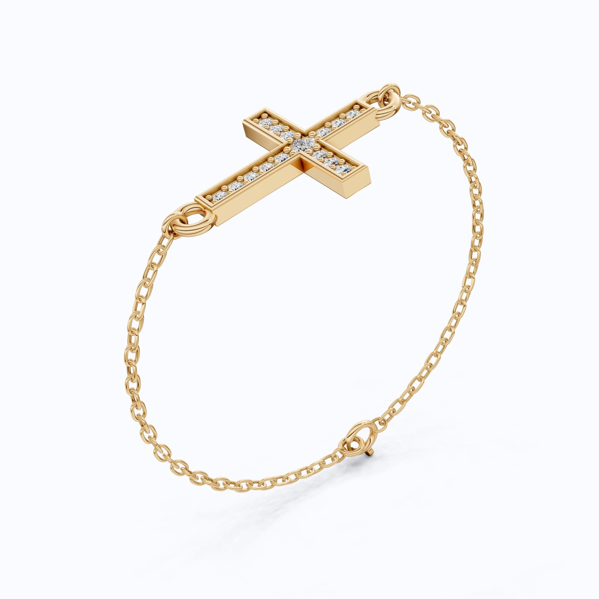 Horizontal Cross Dainty Chain Bracelet in 14k Solid Gold, 0.09 TCW Round Cut Lab Grown Diamonds, Promise Jewelry, Religious Gift for Wife - Shoora Designs