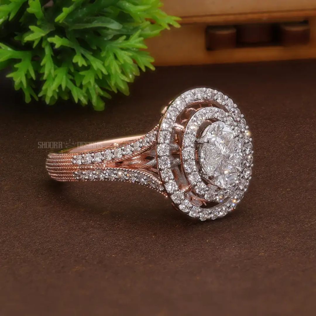 Illusion Double Halo Pavé Oval Engagement Ring in Natural Diamond – 14k Solid Gold, Wedding Gift for Women, Everyday Jewelry - Shoora Designs