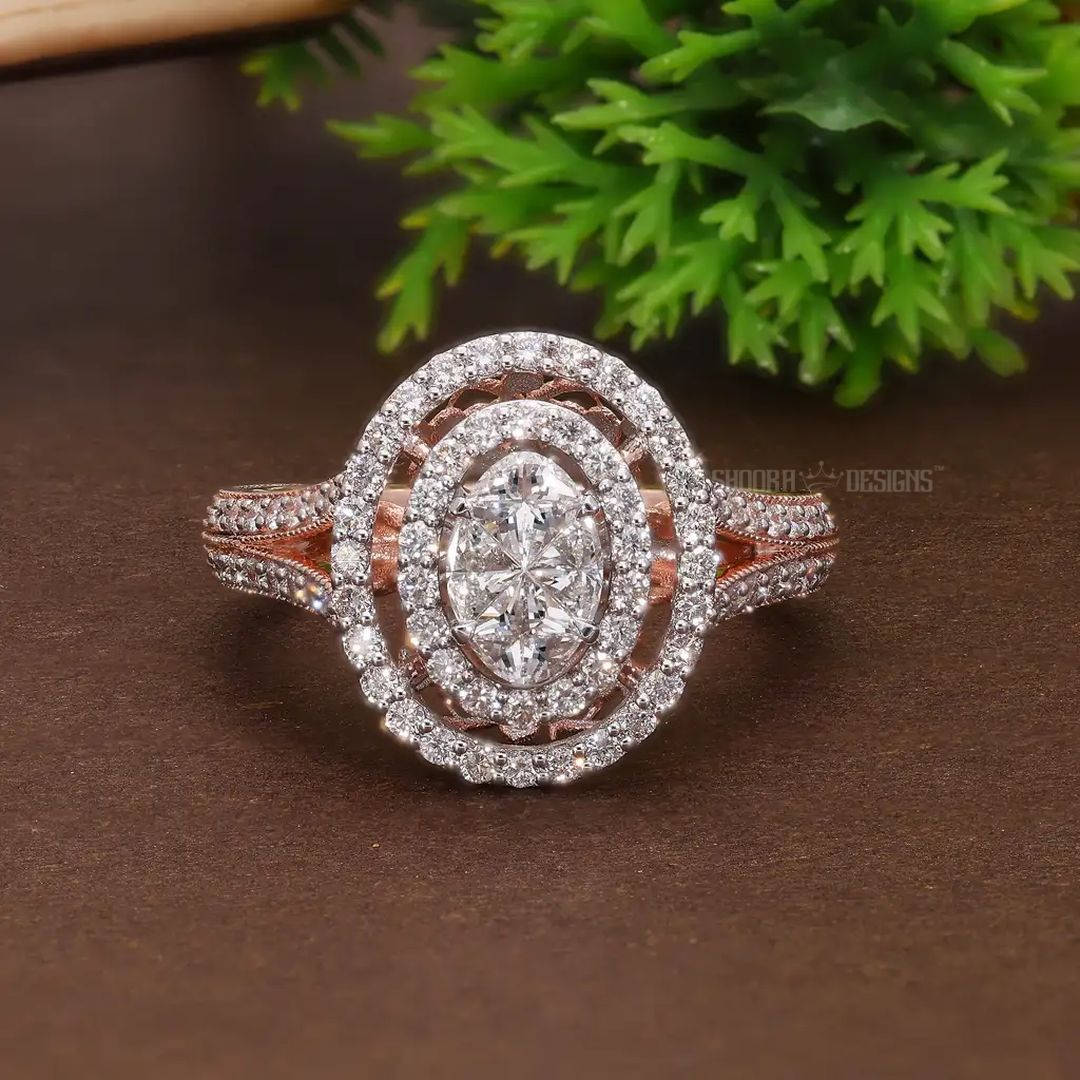 Illusion Double Halo Pavé Oval Engagement Ring in Natural Diamond – 14k Solid Gold, Wedding Gift for Women, Everyday Jewelry - Shoora Designs
