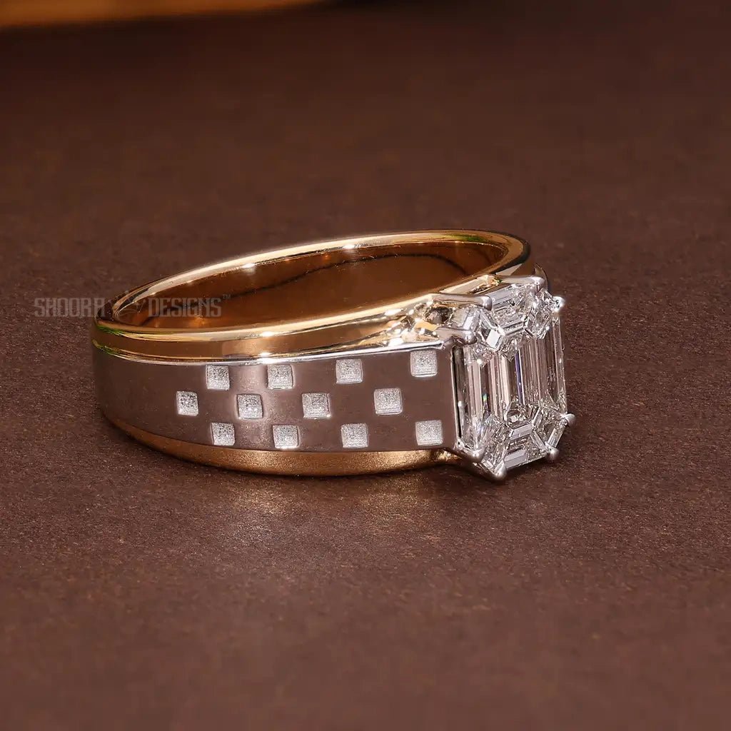 Illusion Emerald Cut Checkered Band Wedding Solitaire Ring in Natural Diamond – 14k Solid Gold, Handmade Everyday Ring For Him - Shoora Designs