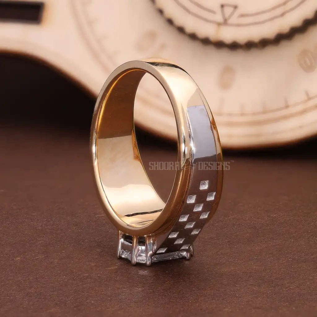 Illusion Emerald Cut Checkered Band Wedding Solitaire Ring in Natural Diamond – 14k Solid Gold, Handmade Everyday Ring For Him - Shoora Designs