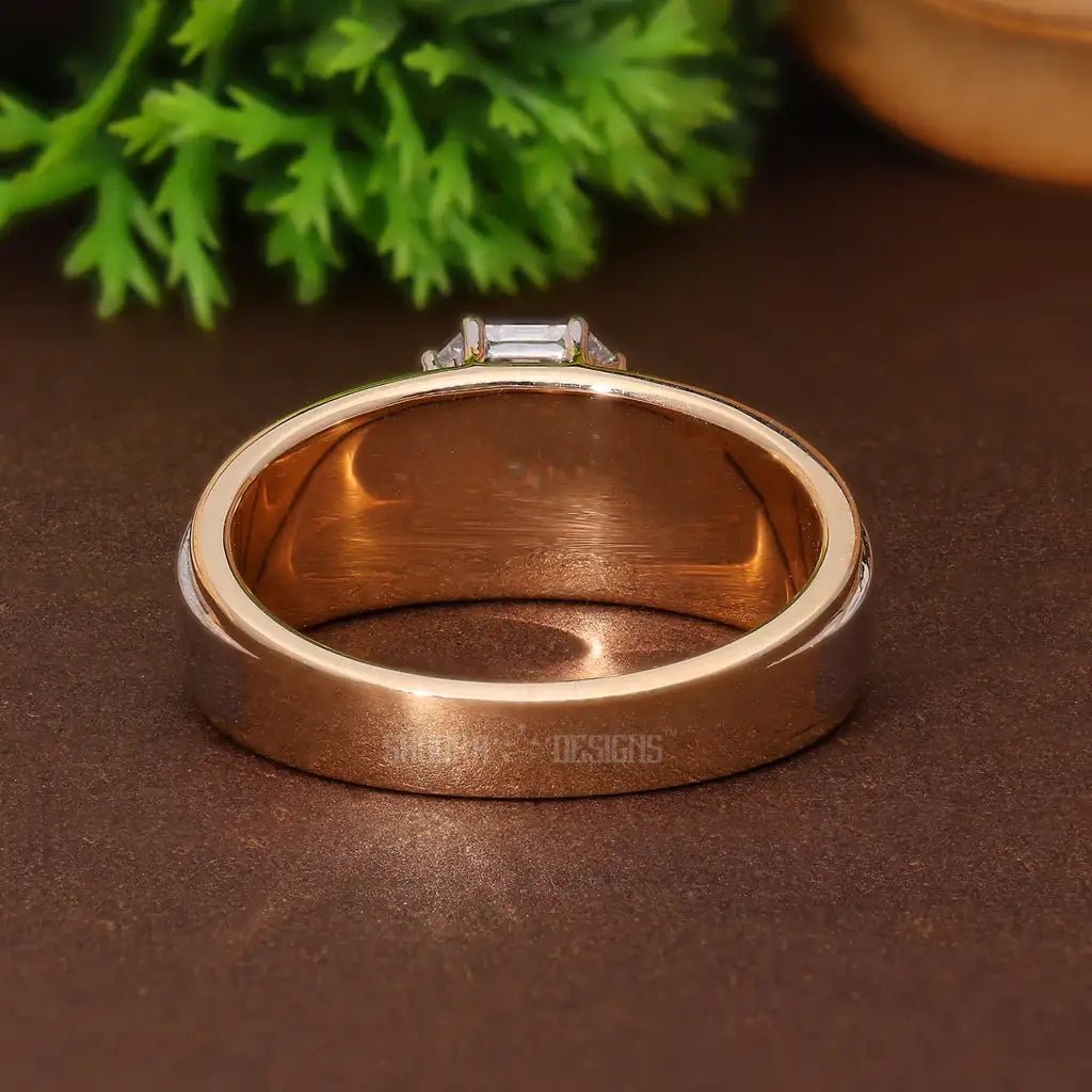 Illusion Emerald Cut Checkered Band Wedding Solitaire Ring in Natural Diamond – 14k Solid Gold, Handmade Everyday Ring For Him - Shoora Designs