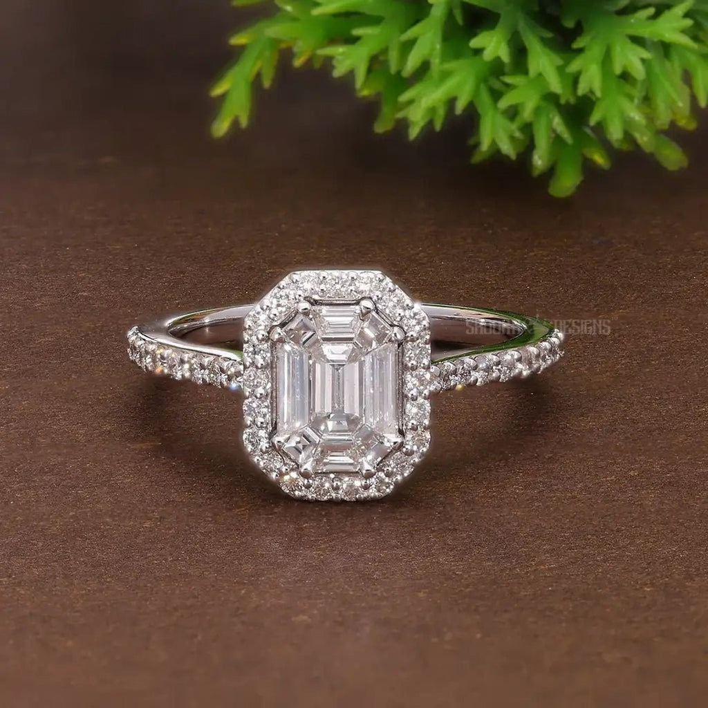 Illusion Emerald Halo Pave Engagement Ring in 14k Solid Gold, emerald - cut illusion center made of meticulously arranged natural or lab - grown diamonds, Birthday Gift For Women - Shoora Designs