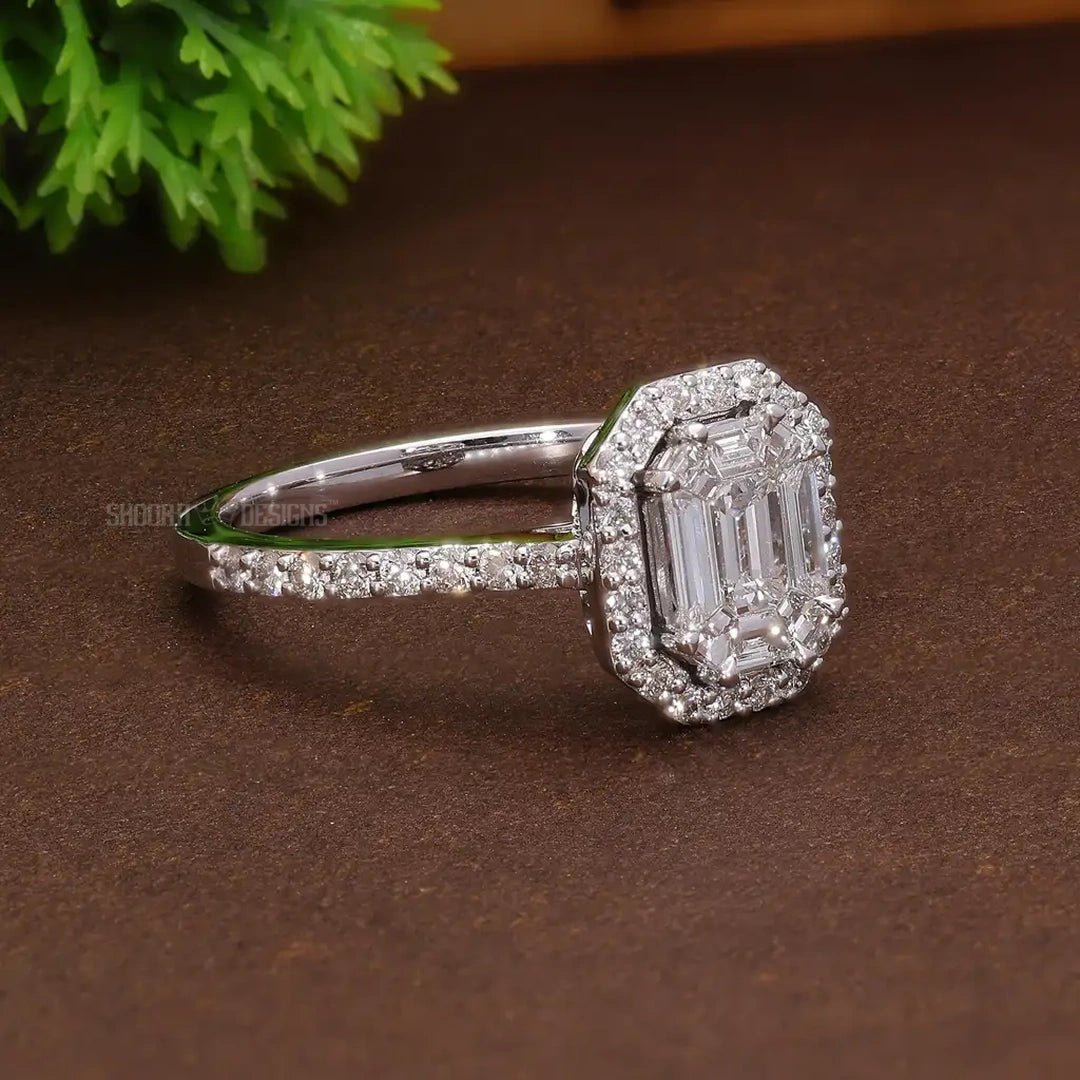 Illusion Emerald Halo Pave Engagement Ring in 14k Solid Gold, emerald - cut illusion center made of meticulously arranged natural or lab - grown diamonds, Birthday Gift For Women - Shoora Designs