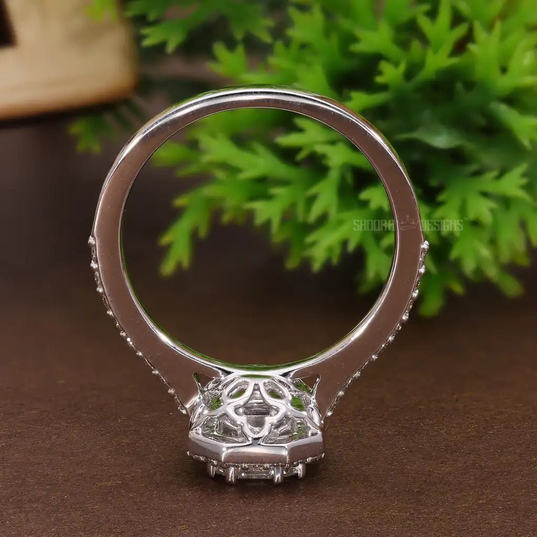 Illusion Emerald Halo Pave Engagement Ring in 14k Solid Gold, emerald - cut illusion center made of meticulously arranged natural or lab - grown diamonds, Birthday Gift For Women - Shoora Designs