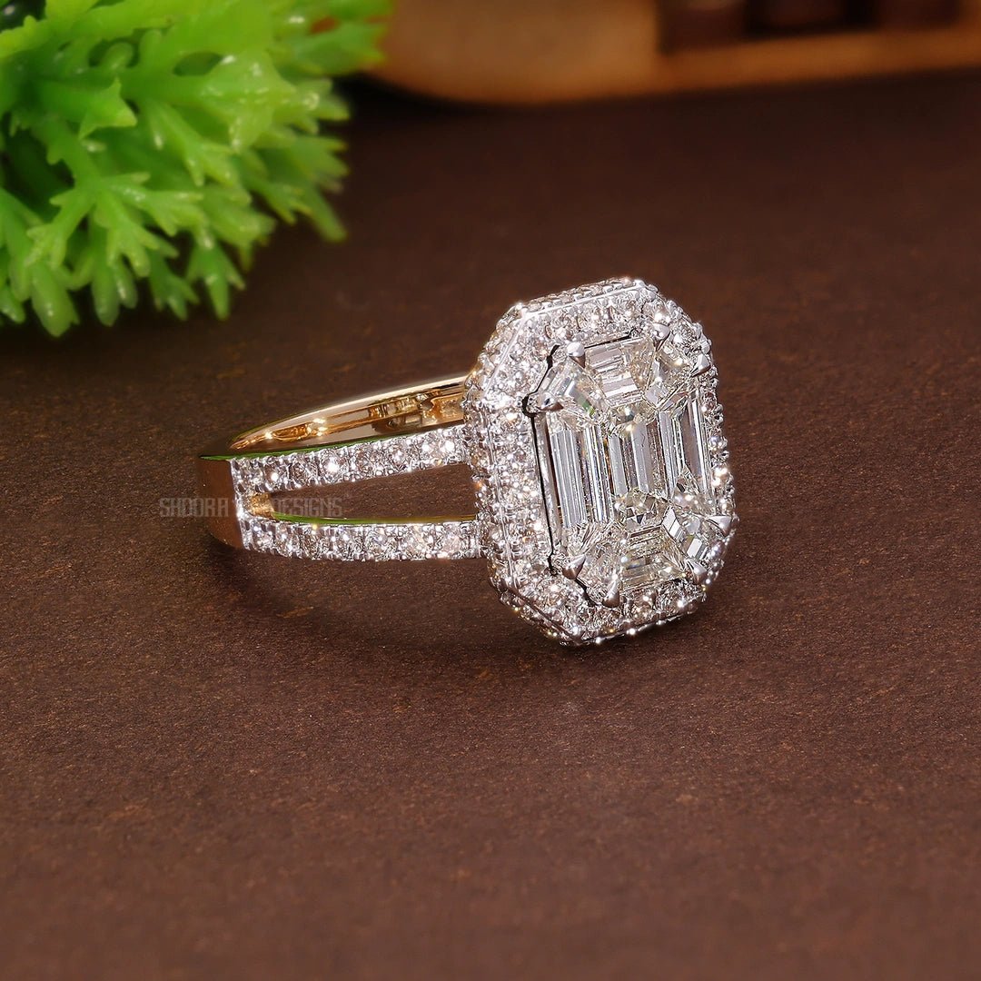 Illusion Halo Pave Split Shank Engagement Ring in Natural Diamond 14k Solid Gold, Anniversary Gift for Wife, Handmade Bridal Jewelry, Everyday Illusion Ring - Shoora Designs