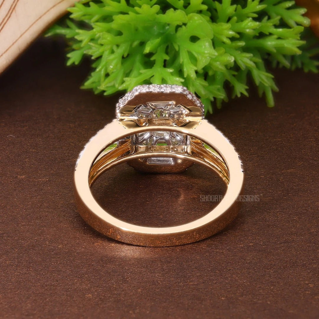 Illusion Halo Pave Split Shank Engagement Ring in Natural Diamond 14k Solid Gold, Anniversary Gift for Wife, Handmade Bridal Jewelry, Everyday Illusion Ring - Shoora Designs