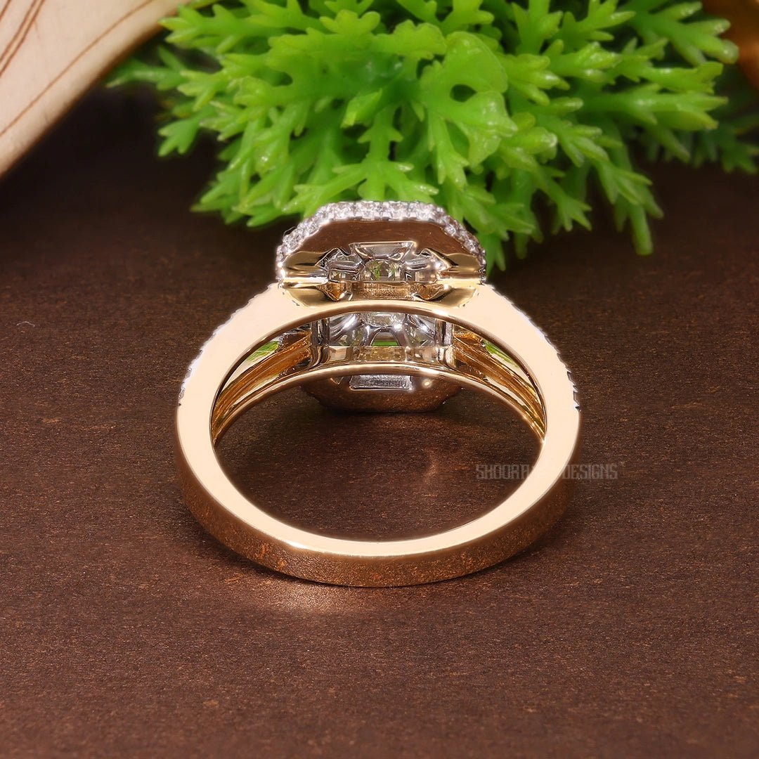 Illusion Halo Pave Split Shank Engagement Ring in Natural Diamond 14k Solid Gold, Anniversary Gift for Wife, Handmade Bridal Jewelry, Everyday Illusion Ring - Shoora Designs