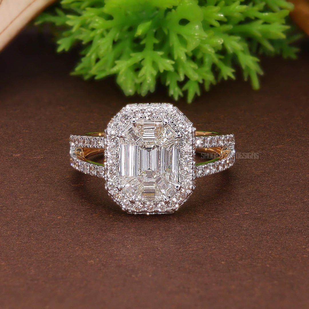 Illusion Halo Pave Split Shank Engagement Ring in Natural Diamond 14k Solid Gold, Anniversary Gift for Wife, Handmade Bridal Jewelry, Everyday Illusion Ring - Shoora Designs