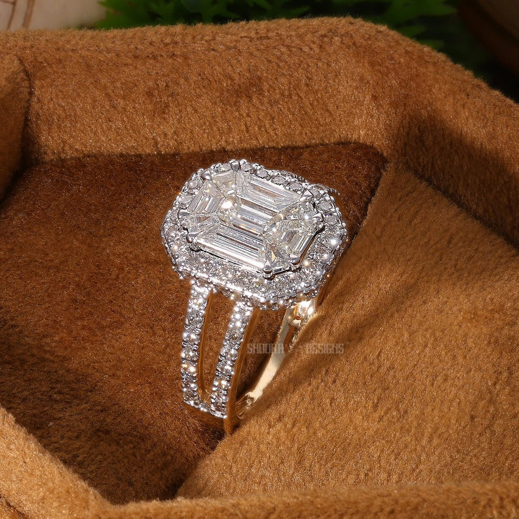 Illusion Halo Pave Split Shank Engagement Ring in Natural Diamond 14k Solid Gold, Anniversary Gift for Wife, Handmade Bridal Jewelry, Everyday Illusion Ring - Shoora Designs