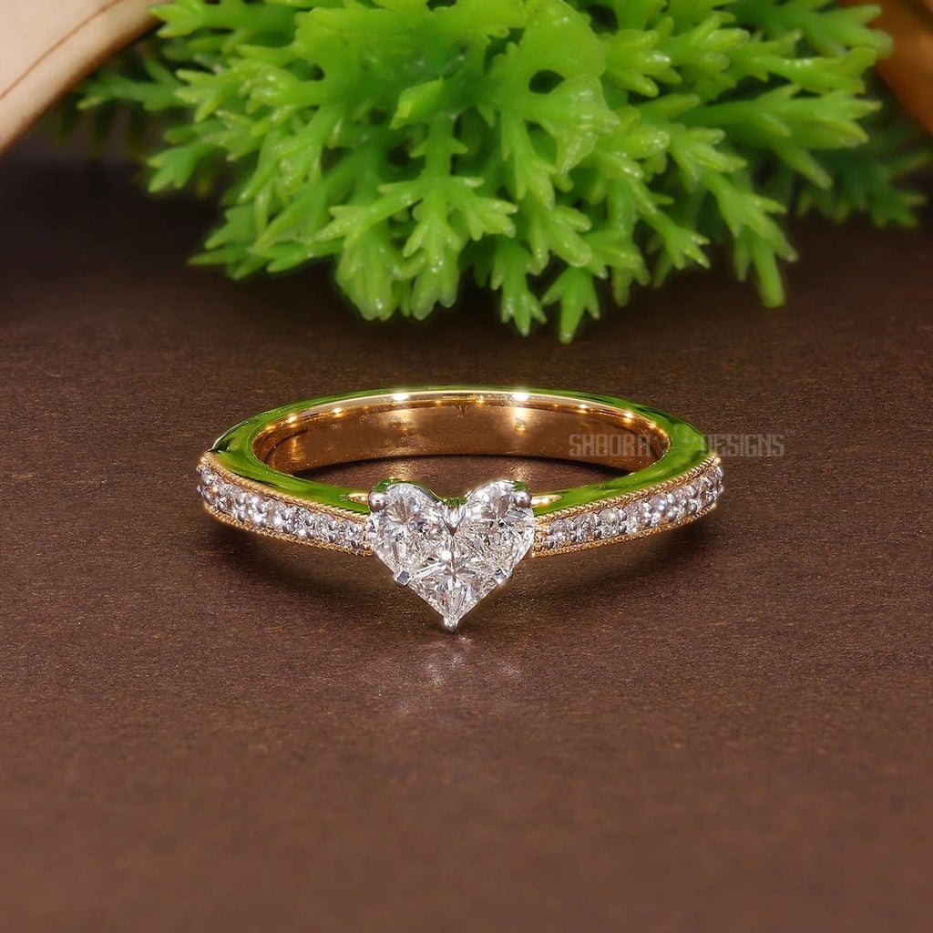 Illusion Heart Pave Wedding Ring in Natural Diamond – 14k Solid Gold, Engagement Ring Gift for Women, Everyday Jewelry, Handmade Pie - Cut Ring - Shoora Designs