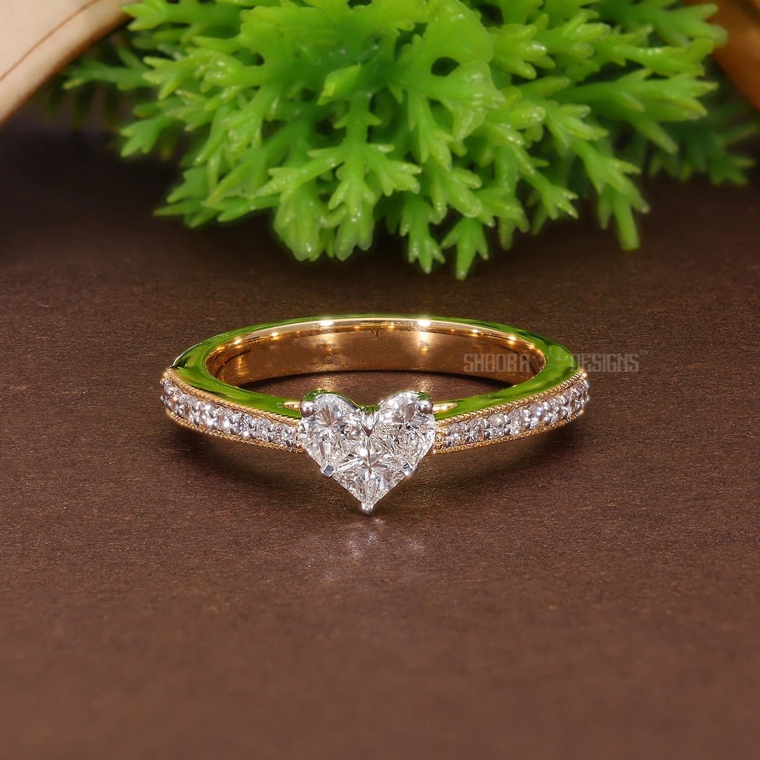 Illusion Heart Pave Wedding Ring in Natural Diamond – 14k Solid Gold, Engagement Ring Gift for Women, Everyday Jewelry, Handmade Pie - Cut Ring - Shoora Designs