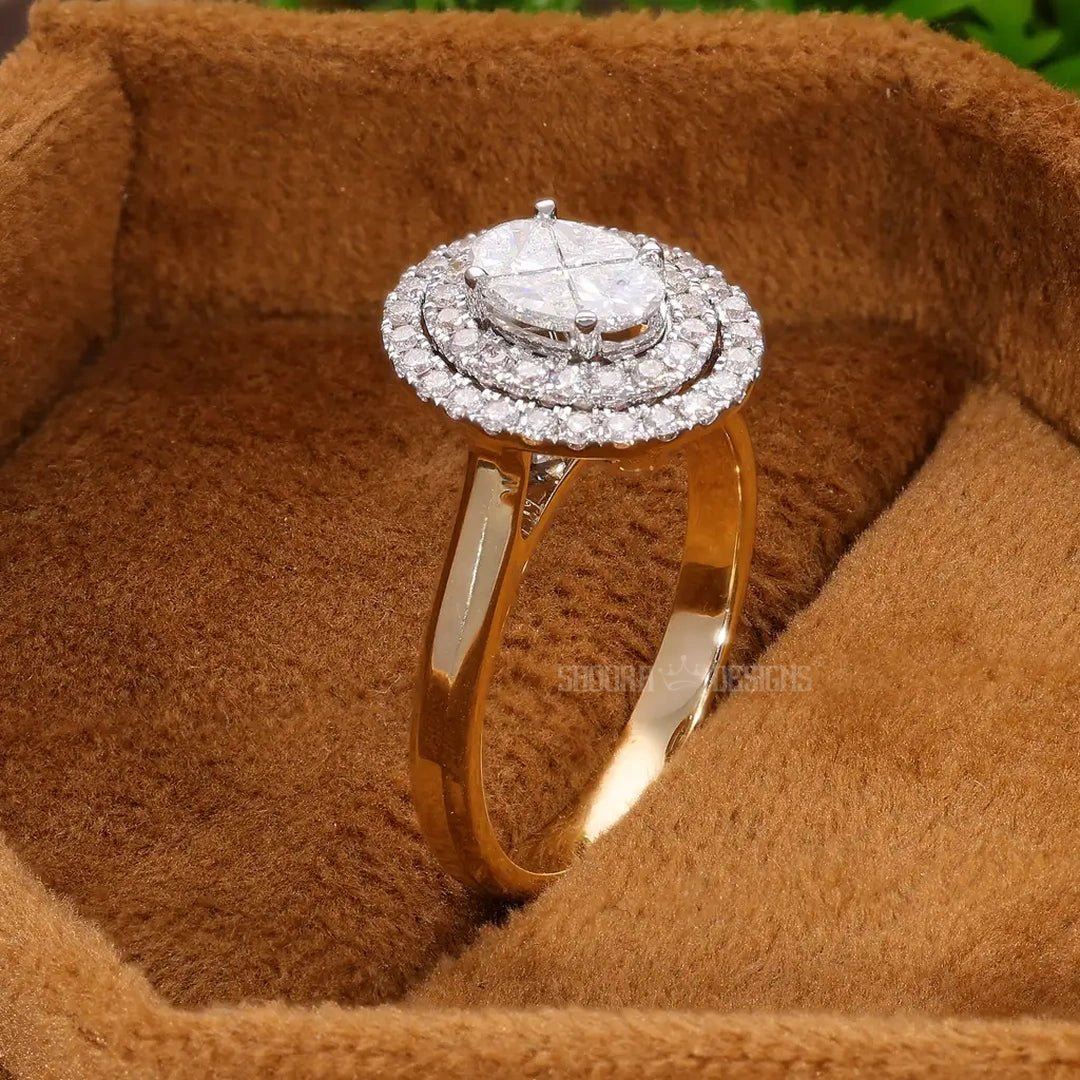 Illusion Oval Double Halo Engagement Ring in 14K Solid Gold, 0.77 TCW Oval/Round Cut Natural Diamonds, Modern Stunning Ring, Wedding Gift for Wife, Handmade Jewelry - Shoora Designs