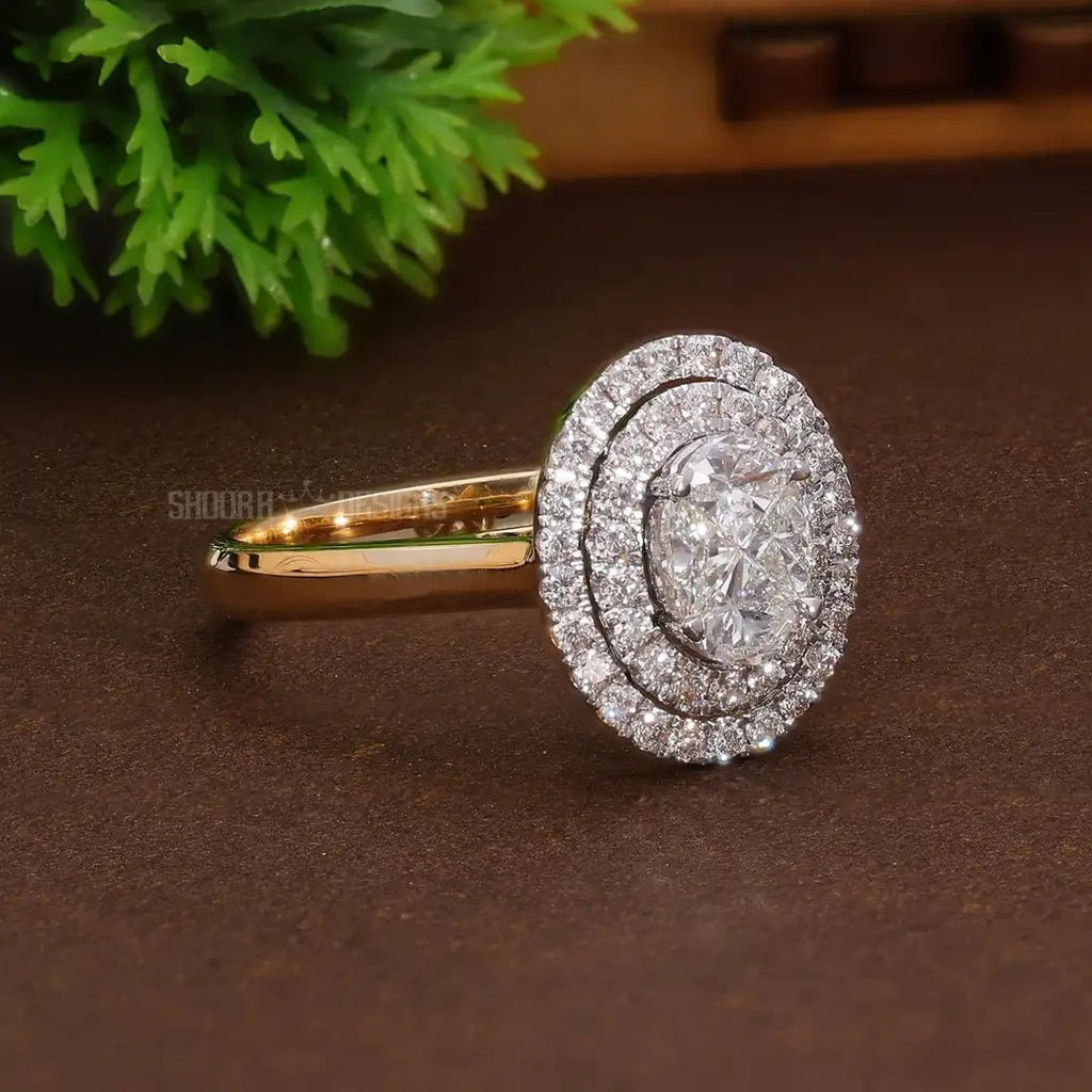 Illusion Oval Double Halo Engagement Ring in 14K Solid Gold, 0.77 TCW Oval/Round Cut Natural Diamonds, Modern Stunning Ring, Wedding Gift for Wife, Handmade Jewelry - Shoora Designs