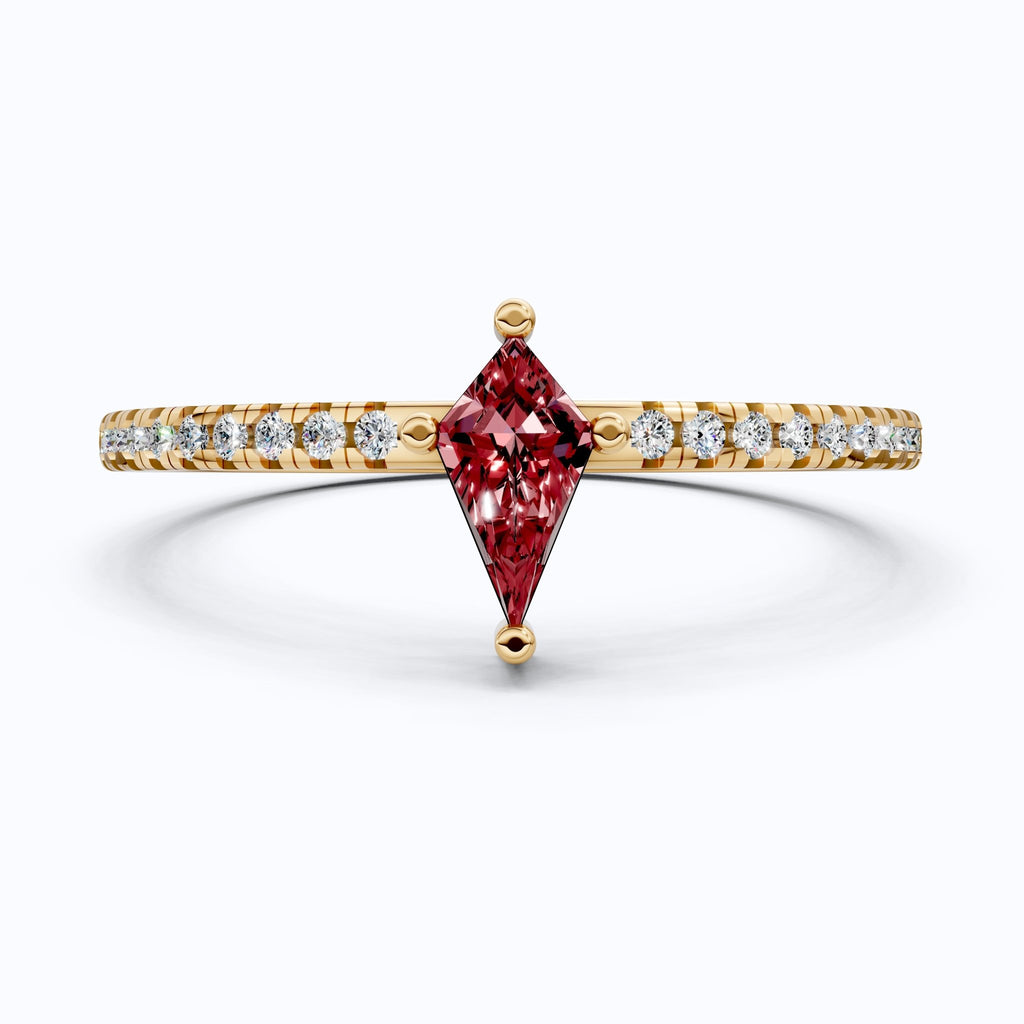 Kite Cut Ruby Gemstone Engagement Ring in 18K Yellow Gold, Diamond Pave Simple Band, Modern Minimalist Ring, Gift for Wife - Shoora Designs