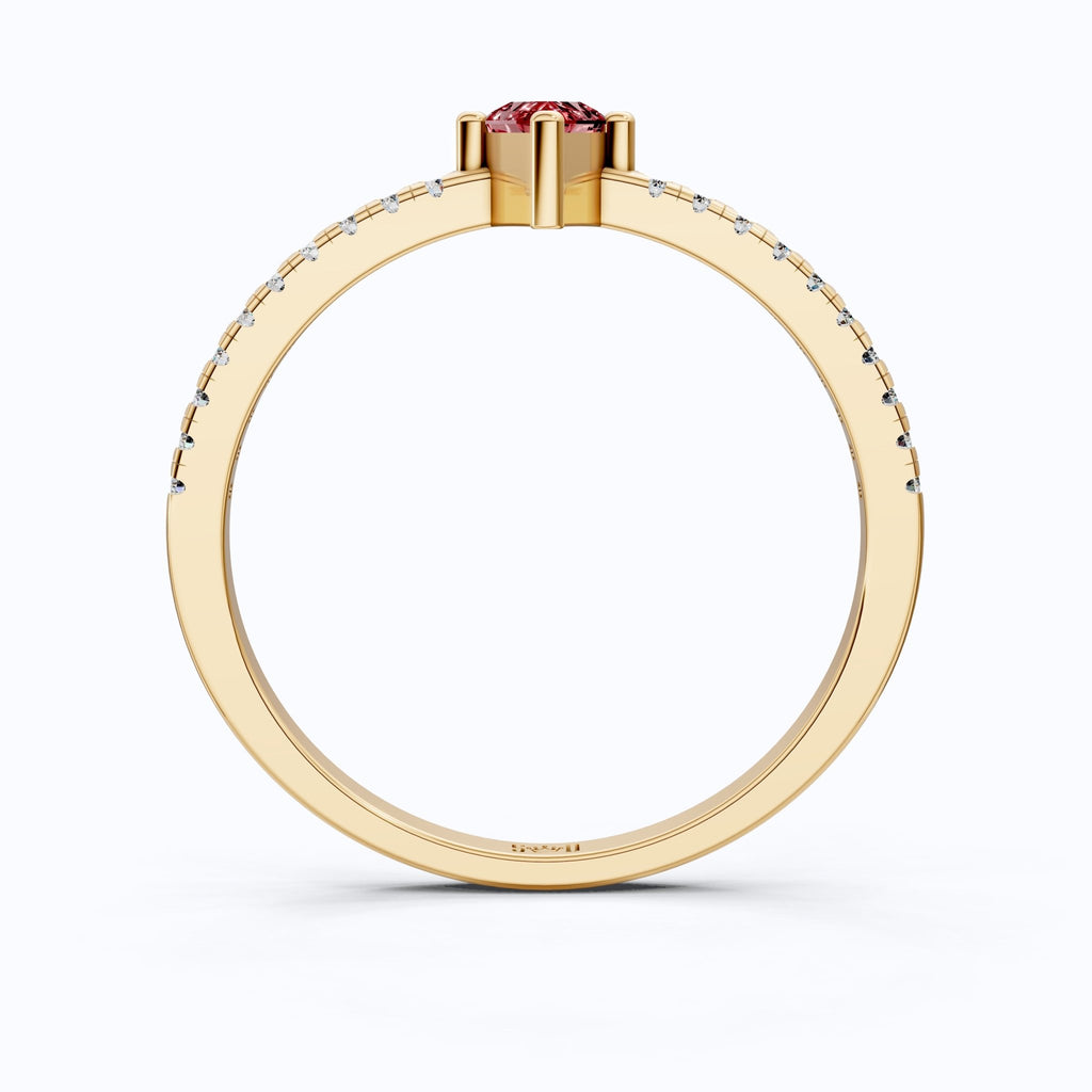Kite Cut Ruby Gemstone Engagement Ring in 18K Yellow Gold, Diamond Pave Simple Band, Modern Minimalist Ring, Gift for Wife - Shoora Designs
