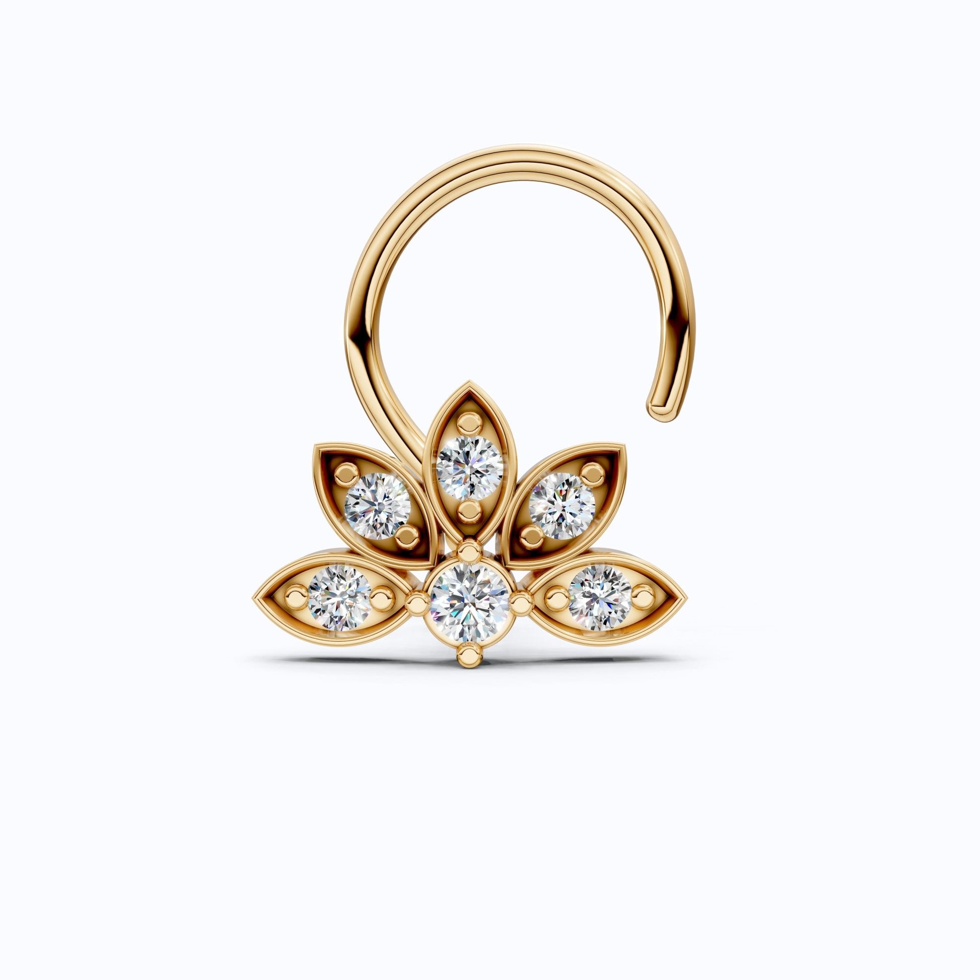 Lotus Petal Nose Pin in 14K Solid Gold, Lab Diamond Floral Cluster Pin, Trendy Ethnic Jewelry, Floral Piercing Jewelry For Women - Shoora Designs