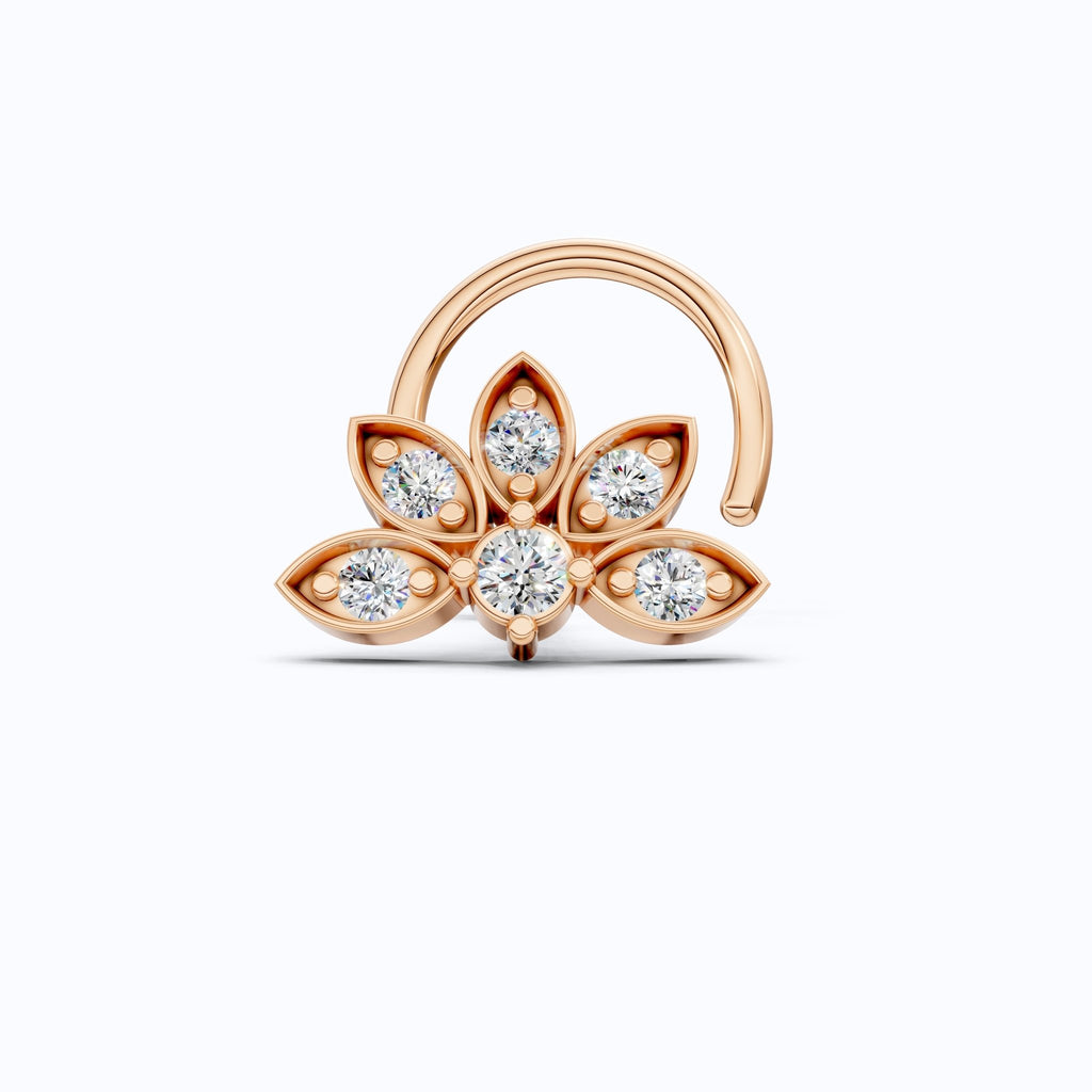 Lotus Petal Nose Pin in 14K Solid Gold, Lab Diamond Floral Cluster Pin, Trendy Ethnic Jewelry, Floral Piercing Jewelry For Women - Shoora Designs