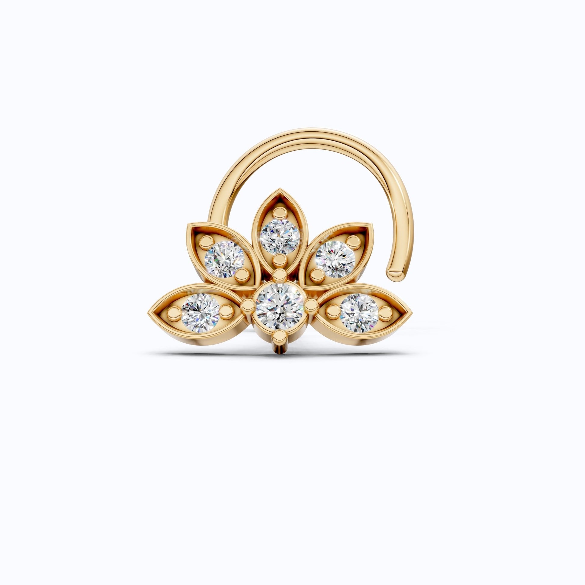 Lotus Petal Nose Pin in 14K Solid Gold, Lab Diamond Floral Cluster Pin, Trendy Ethnic Jewelry, Floral Piercing Jewelry For Women - Shoora Designs