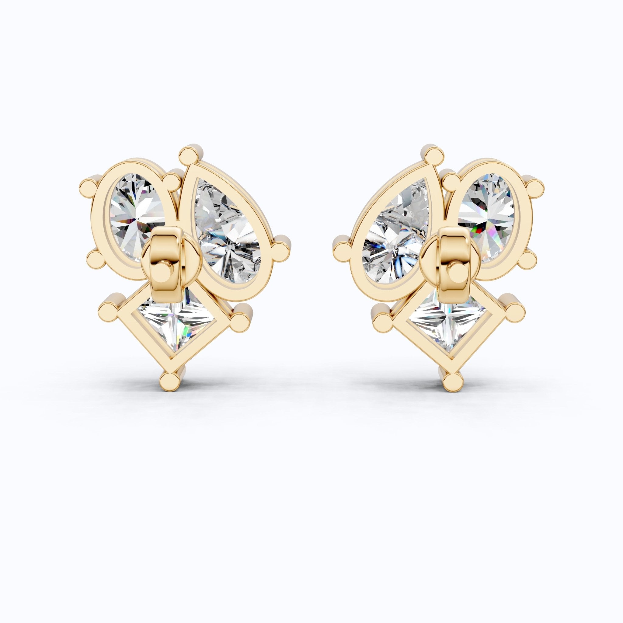 Luxe Three Stone Cluster Stud Earrings in 14K Solid Gold, 4.60 TCW Multi Cut Lab Created Diamonds, Wedding Gift for Her, Everyday Jewelry - Shoora Designs