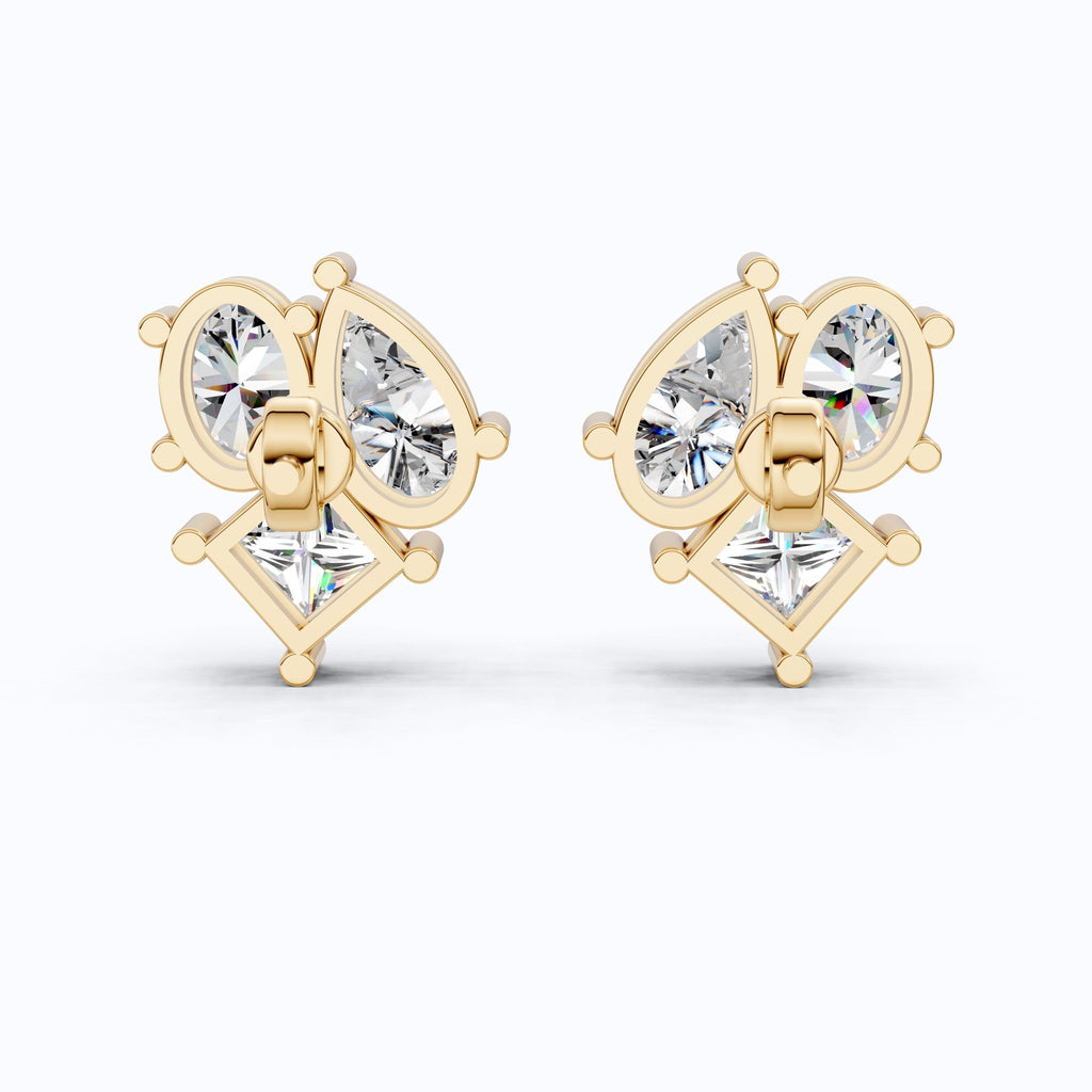 Luxe Three Stone Cluster Stud Earrings in 14K Solid Gold, 4.60 TCW Multi Cut Lab Created Diamonds, Wedding Gift for Her, Everyday Jewelry - Shoora Designs