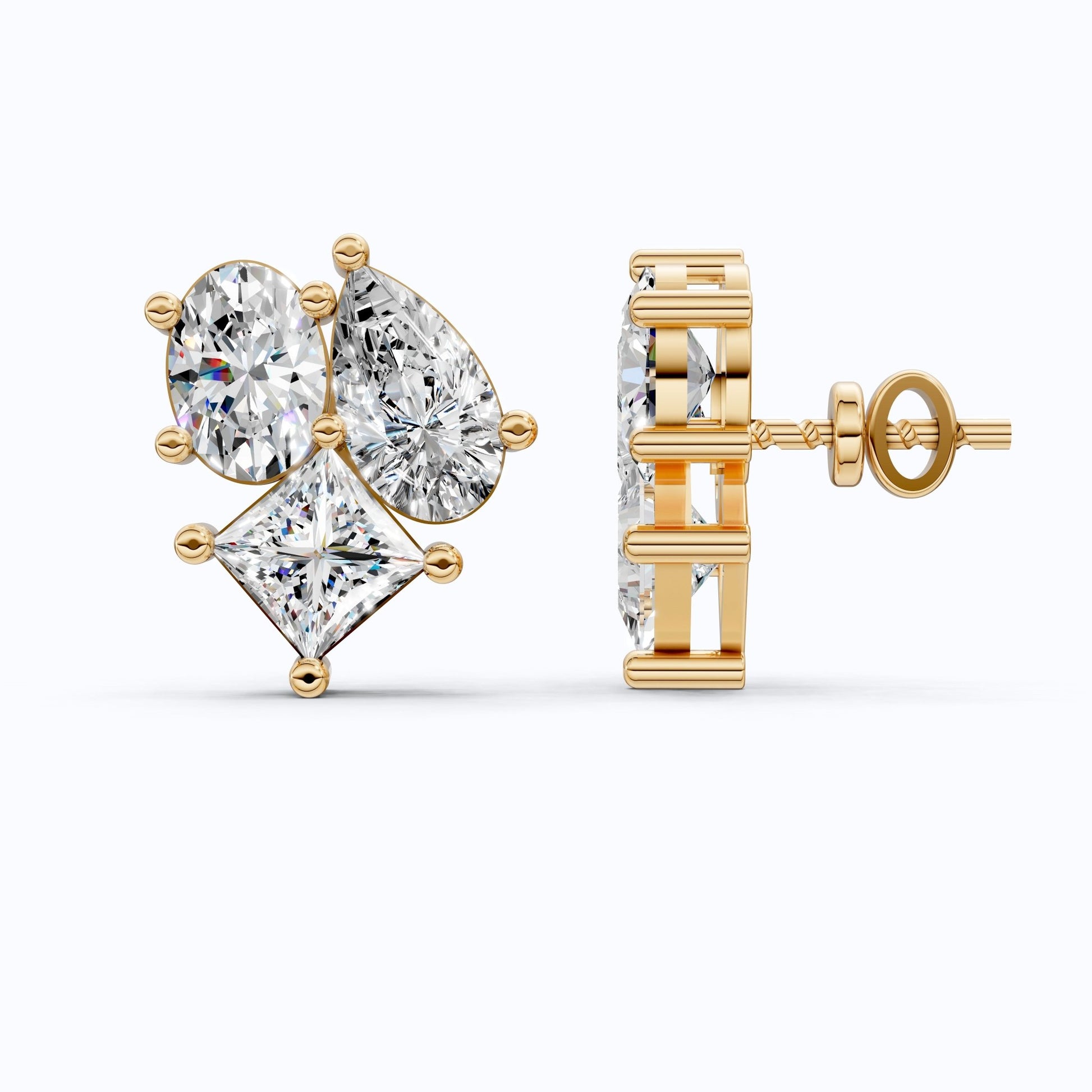 Luxe Three Stone Cluster Stud Earrings in 14K Solid Gold, 4.60 TCW Multi Cut Lab Created Diamonds, Wedding Gift for Her, Everyday Jewelry - Shoora Designs