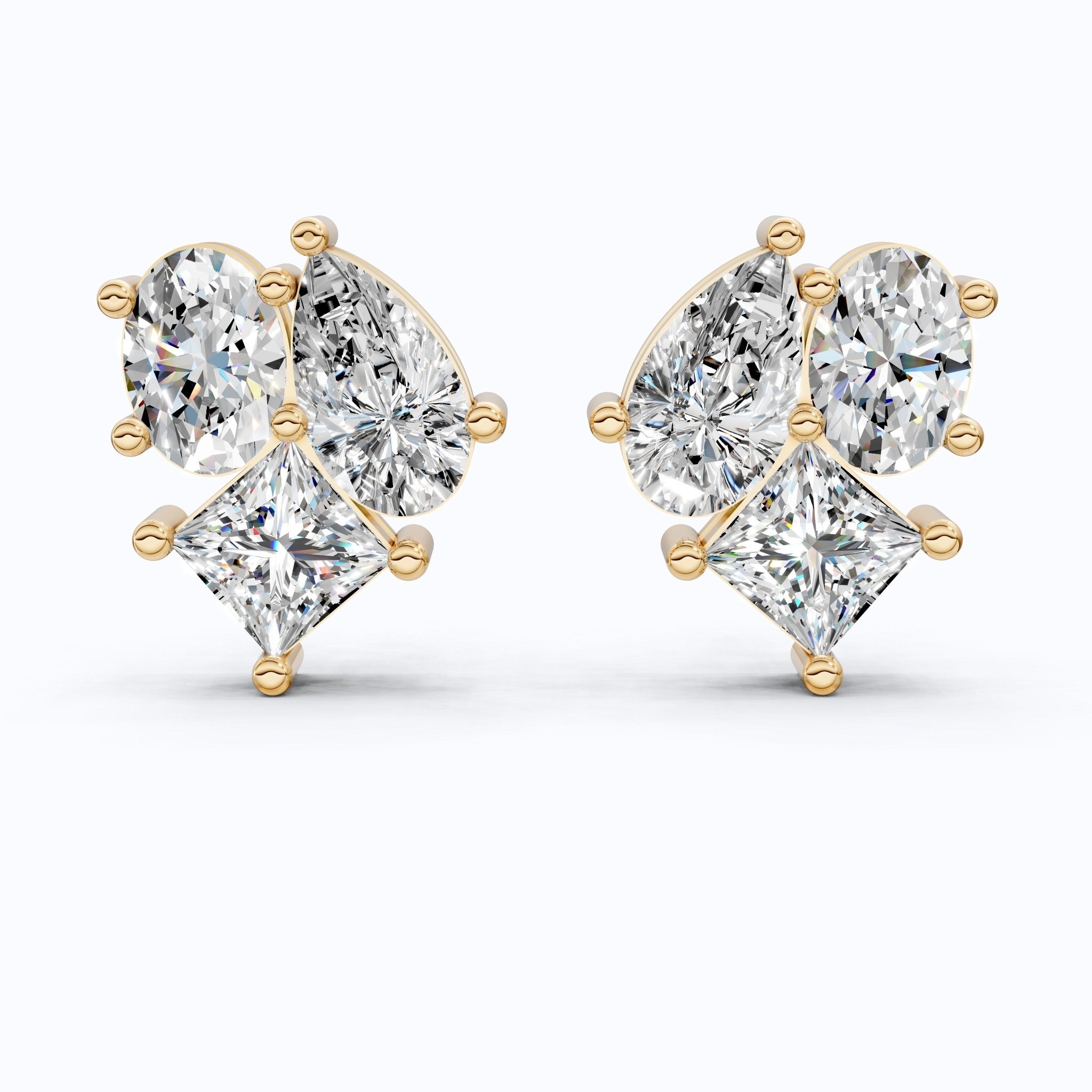 Luxe Three Stone Cluster Stud Earrings in 14K Solid Gold, 4.60 TCW Multi Cut Lab Created Diamonds, Wedding Gift for Her, Everyday Jewelry - Shoora Designs