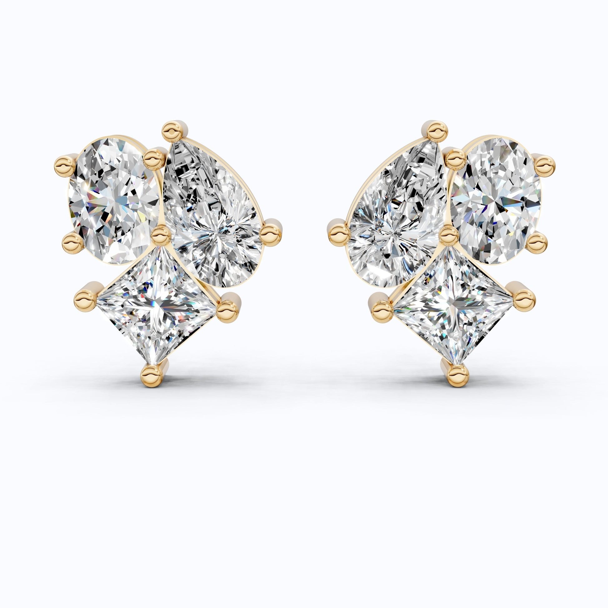 Luxe Three Stone Cluster Stud Earrings in 14K Solid Gold, 4.60 TCW Multi Cut Lab Created Diamonds, Wedding Gift for Her, Everyday Jewelry - Shoora Designs