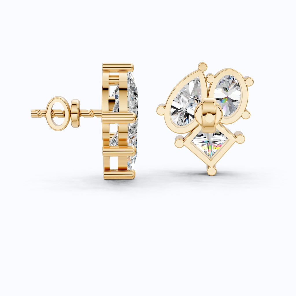 Luxe Three Stone Cluster Stud Earrings in 14K Solid Gold, 4.60 TCW Multi Cut Lab Created Diamonds, Wedding Gift for Her, Everyday Jewelry - Shoora Designs