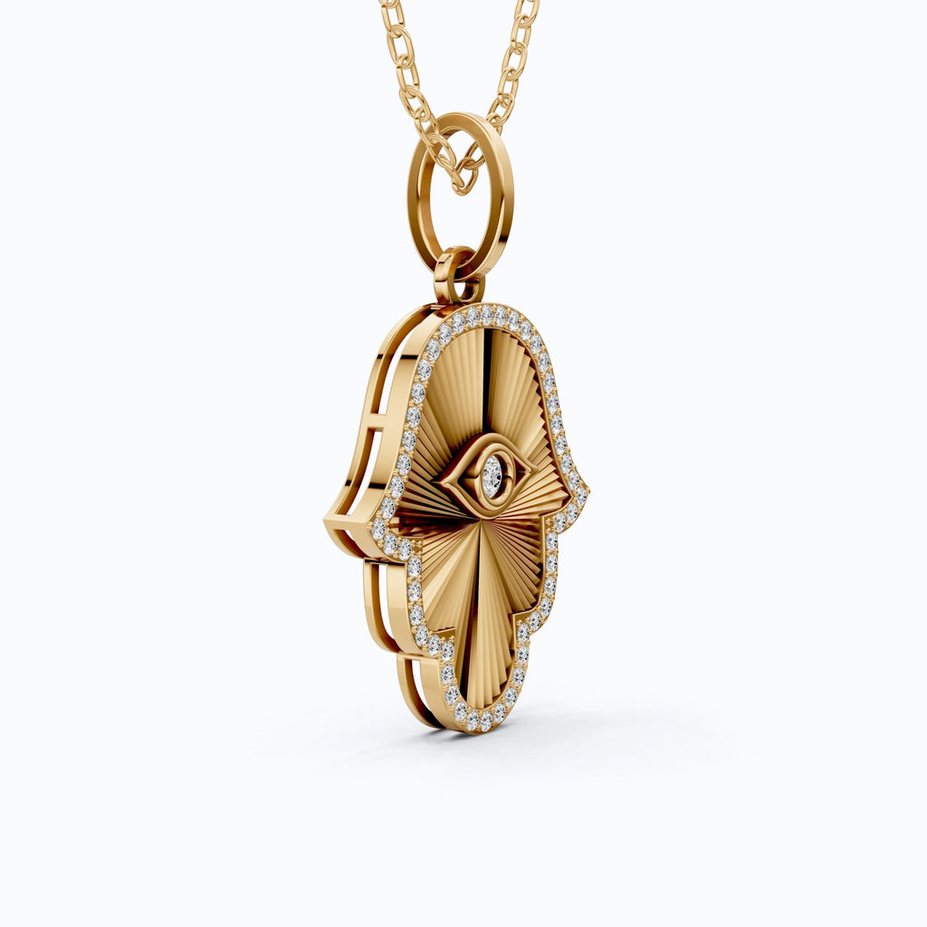 Luxury Hamsa Hand Evil Eye Medallion Pendant in Lab Grown Diamond - 14k Solid Gold, Unique Pendant For Women, Everyday Jewelry - Shoora Designs