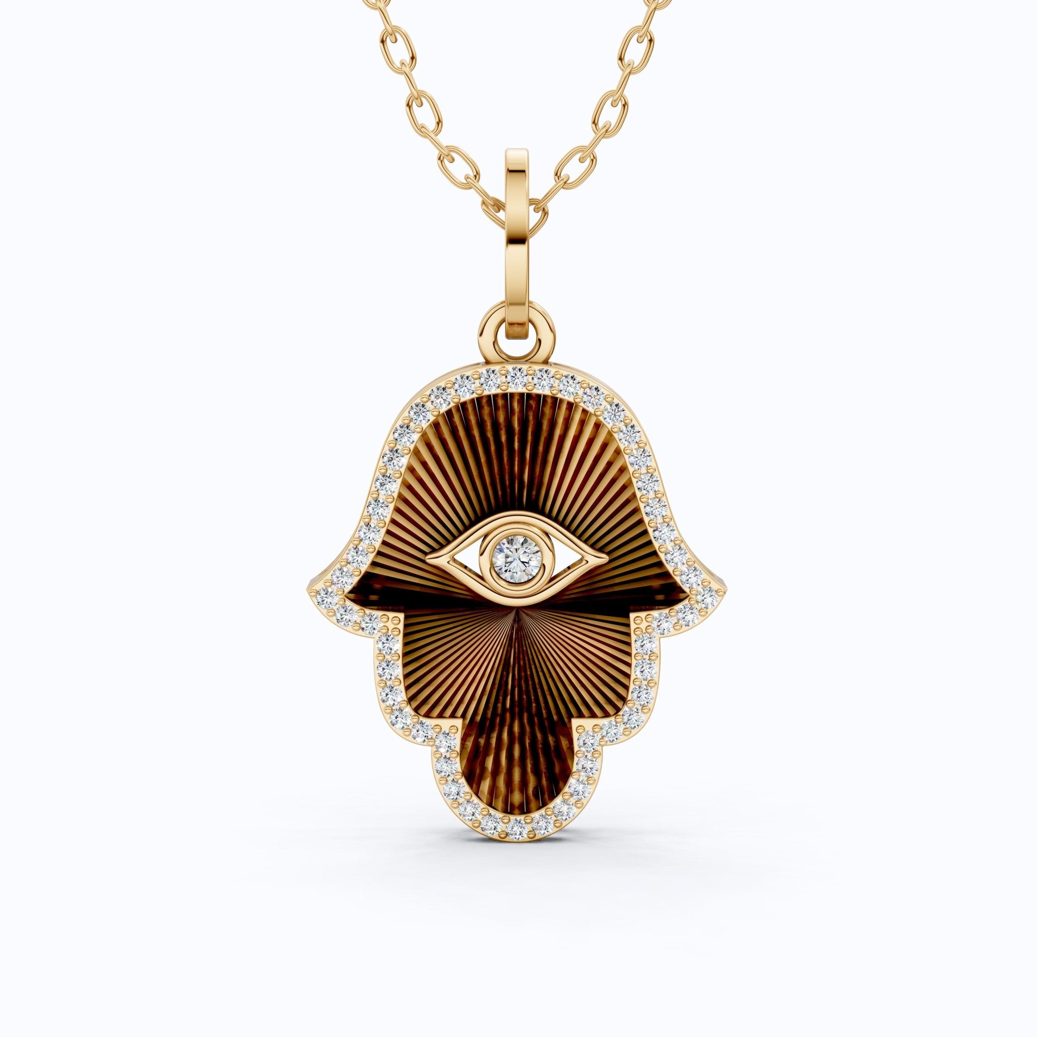 Luxury Hamsa Hand Evil Eye Medallion Pendant in Lab Grown Diamond - 14k Solid Gold, Unique Pendant For Women, Everyday Jewelry - Shoora Designs