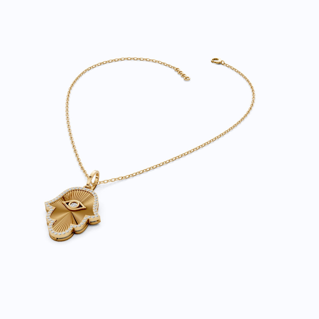 Luxury Hamsa Hand Evil Eye Medallion Pendant in Lab Grown Diamond - 14k Solid Gold, Unique Pendant For Women, Everyday Jewelry - Shoora Designs