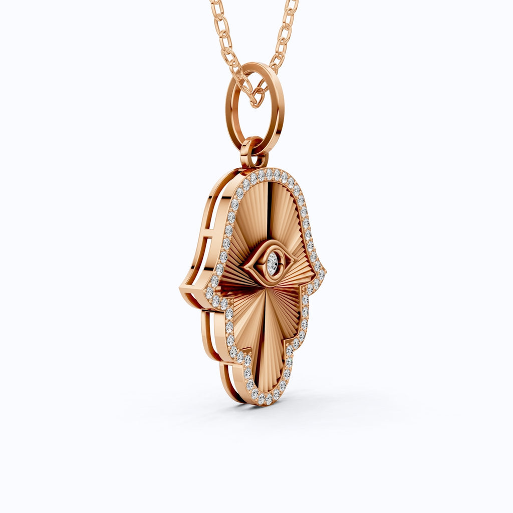 Luxury Hamsa Hand Evil Eye Medallion Pendant in Lab Grown Diamond - 14k Solid Gold, Unique Pendant For Women, Everyday Jewelry - Shoora Designs