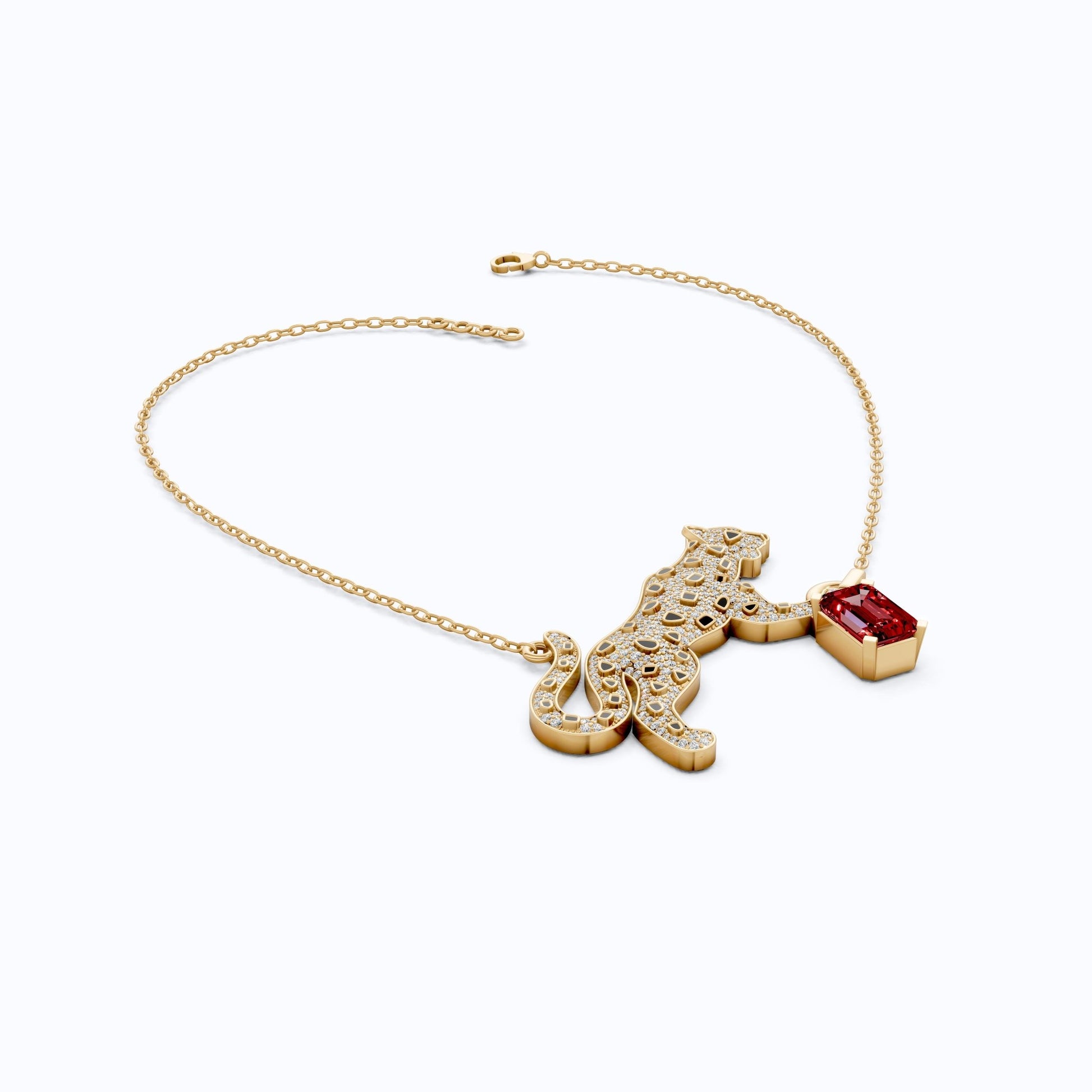 Luxury Leopard Enamel Accent Hip - Hop Pendant with Red Ruby Gemstone Charm in Lab Diamond – 14k Solid Gold, Iced Out Gift For Rapper, Daily Wear Pendant - Shoora Designs