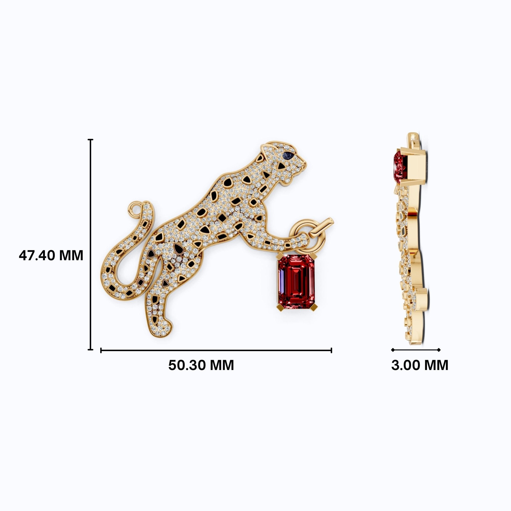Luxury Leopard Enamel Accent Hip - Hop Pendant with Red Ruby Gemstone Charm in Lab Diamond – 14k Solid Gold, Iced Out Gift For Rapper, Daily Wear Pendant - Shoora Designs
