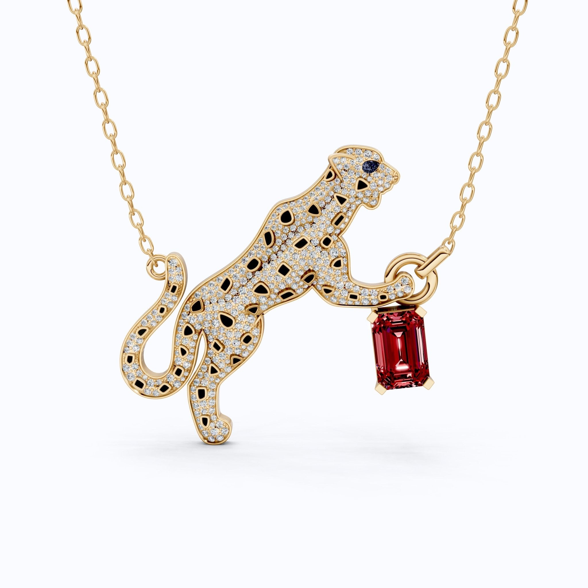 Luxury Leopard Enamel Accent Hip - Hop Pendant with Red Ruby Gemstone Charm in Lab Diamond – 14k Solid Gold, Iced Out Gift For Rapper, Daily Wear Pendant - Shoora Designs