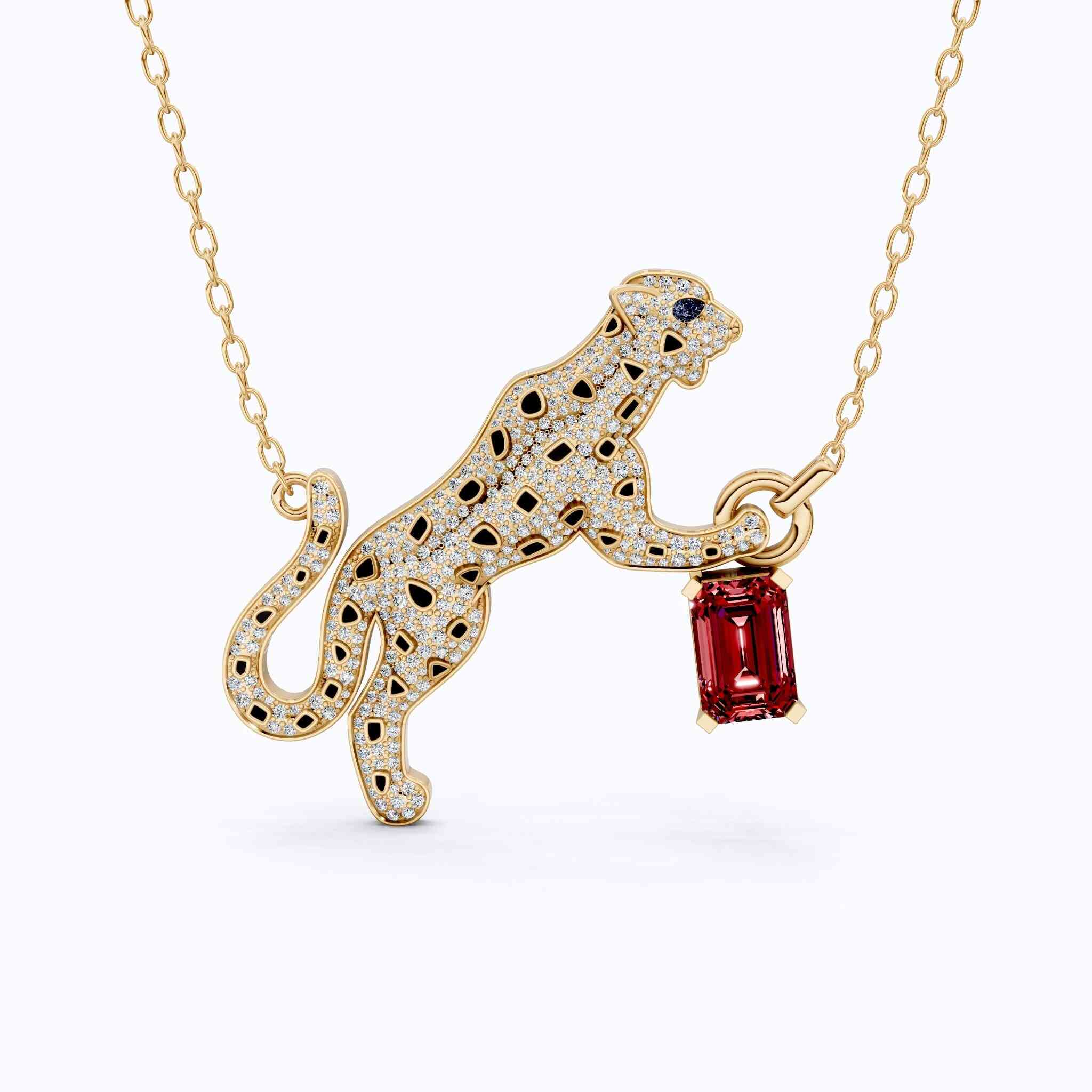 Luxury Leopard Enamel Accent Hip-Hop Pendant with Red Ruby Gemstone Charm in Lab Diamond – 14k Solid Gold, Iced Out Gift For Rapper, Daily Wear Pendant