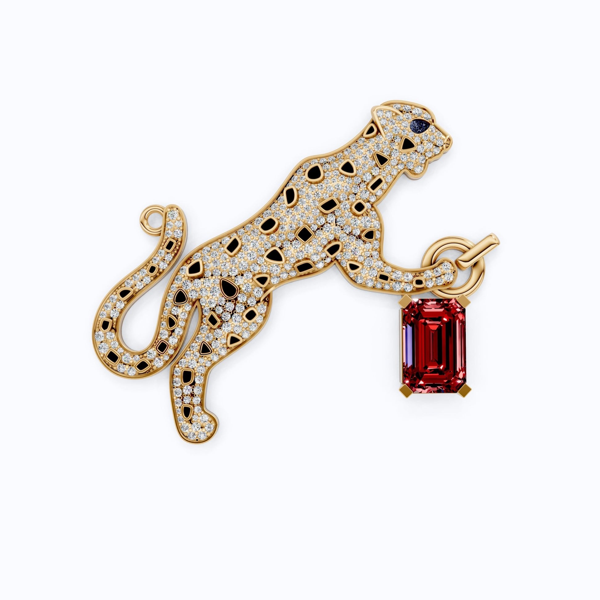 Luxury Leopard Enamel Accent Hip - Hop Pendant with Red Ruby Gemstone Charm in Lab Diamond – 14k Solid Gold, Iced Out Gift For Rapper, Daily Wear Pendant - Shoora Designs