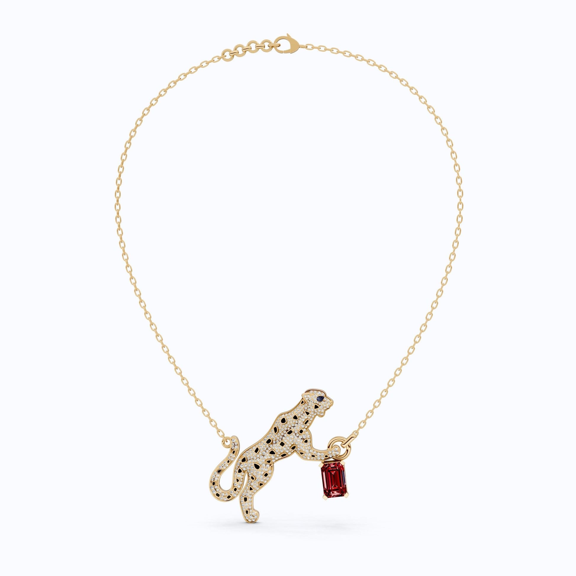 Luxury Leopard Enamel Accent Hip - Hop Pendant with Red Ruby Gemstone Charm in Lab Diamond – 14k Solid Gold, Iced Out Gift For Rapper, Daily Wear Pendant - Shoora Designs