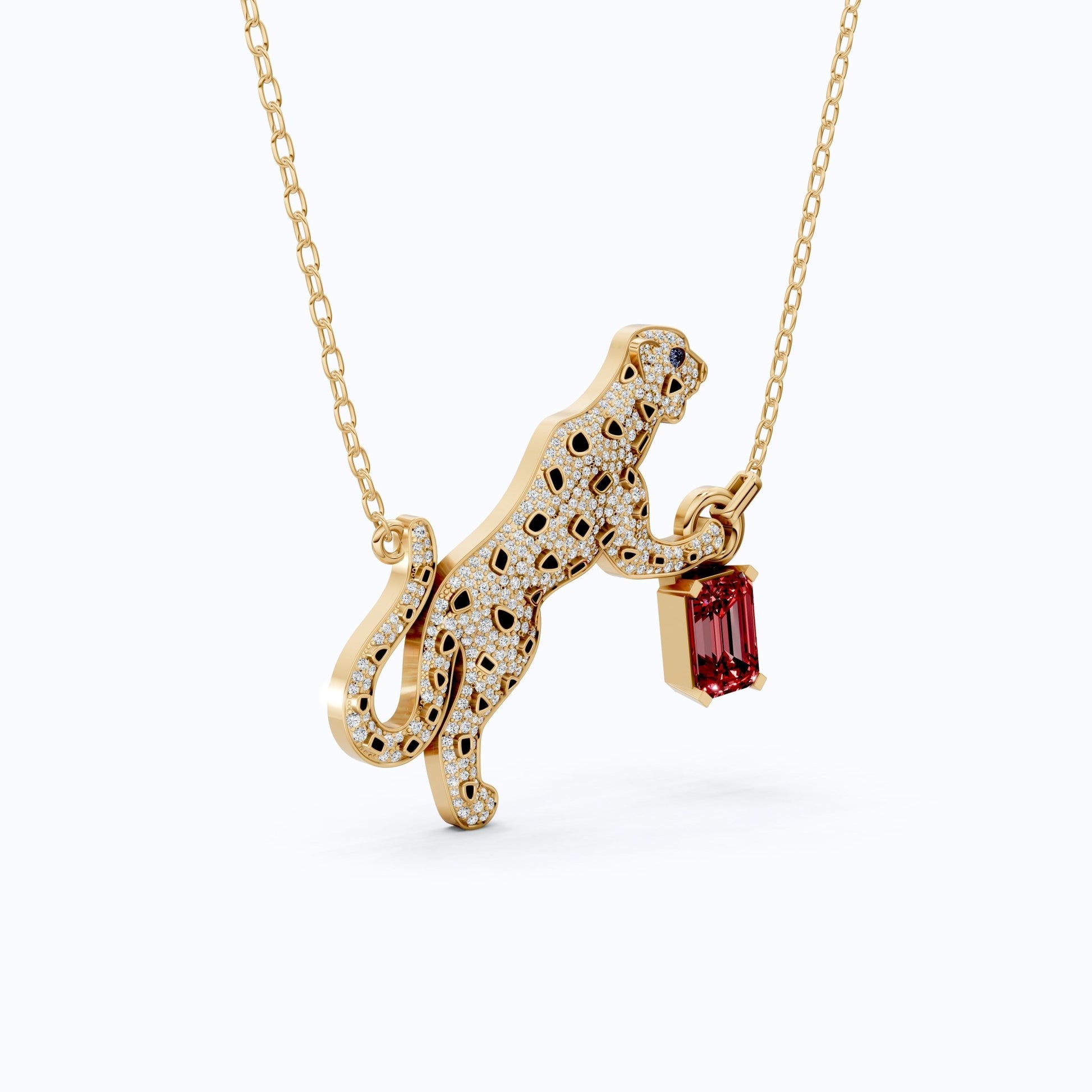 Luxury Leopard Enamel Accent Hip - Hop Pendant with Red Ruby Gemstone Charm in Lab Diamond – 14k Solid Gold, Iced Out Gift For Rapper, Daily Wear Pendant - Shoora Designs