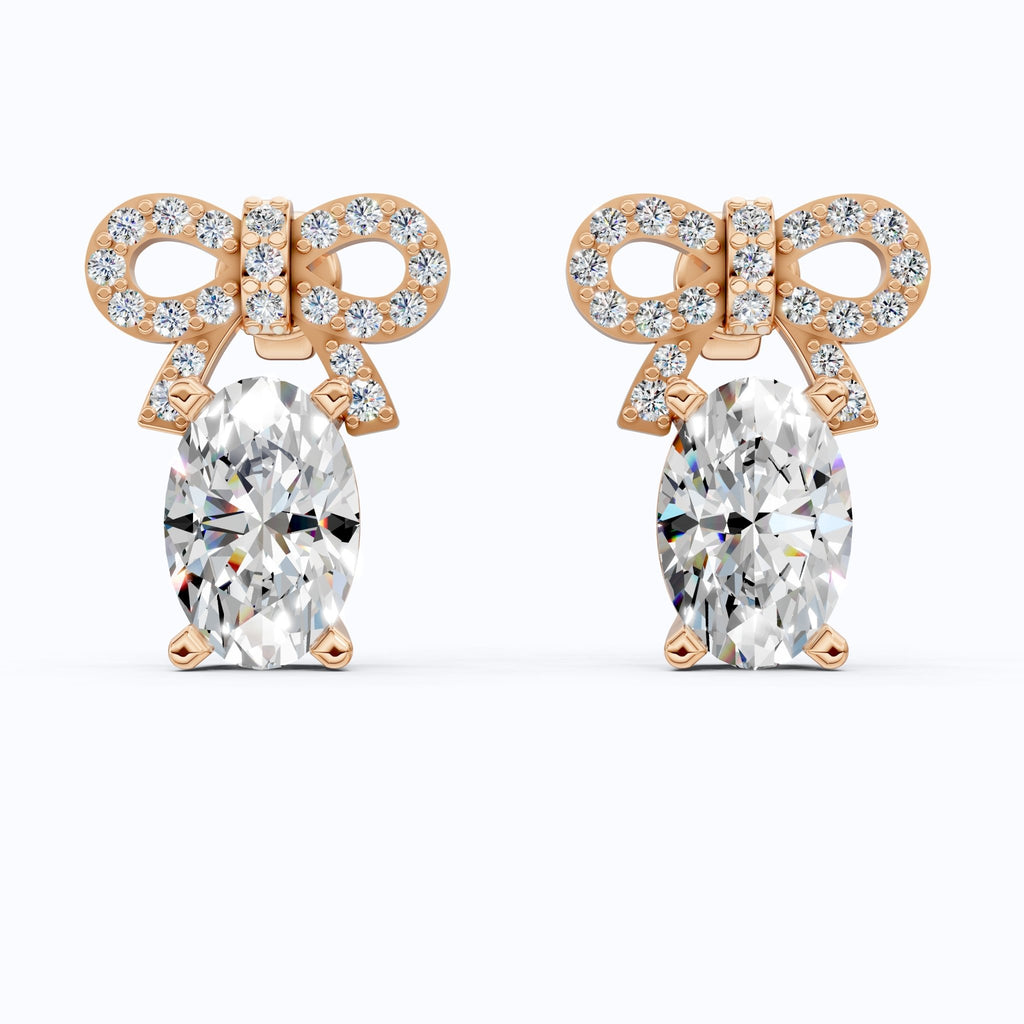 Luxury Ribbon Bow Pavé Oval Stud Earrings in Lab Grown Diamond - 14k Solid Gold, Handmade Jewelry for Women, Everyday Jewelry - Shoora Designs