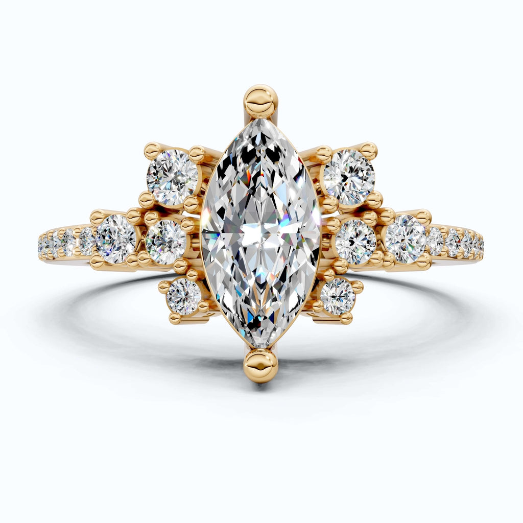 Marquise Cluster Halo Pave Engagement Ring in 14K Yellow Gold, 0.74 TCW Marquise/Round Cut Lab Created Diamonds, Handmade Jewelry, Anniversary Gift - Shoora Designs