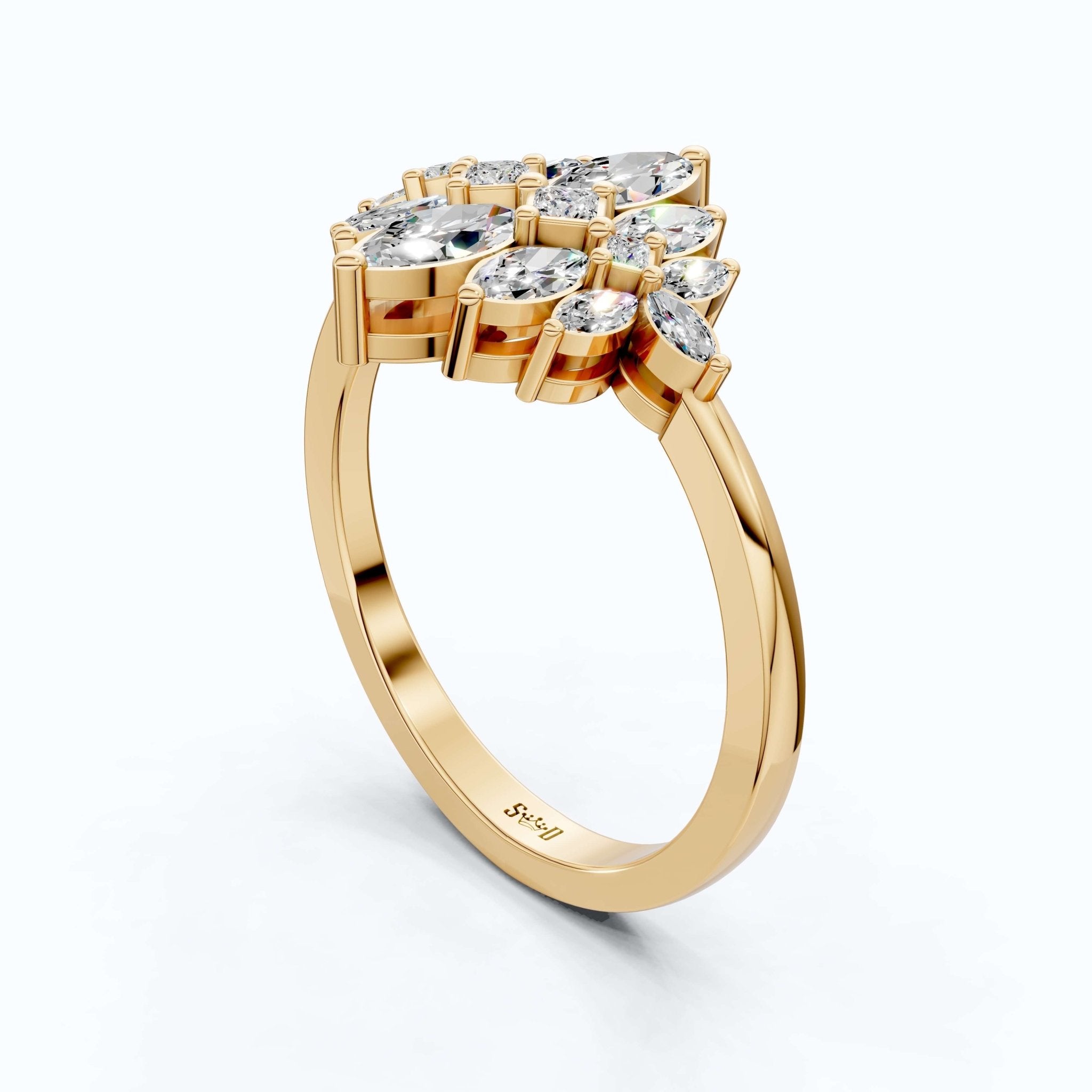 Marquise Floral Cluster Engagement Ring in 14k Solid Gold, 0.62 TCW Marquise/Princess Cut Lab Diamonds, Bridal Jewelry, Anniversary Gift for Her - Shoora Designs