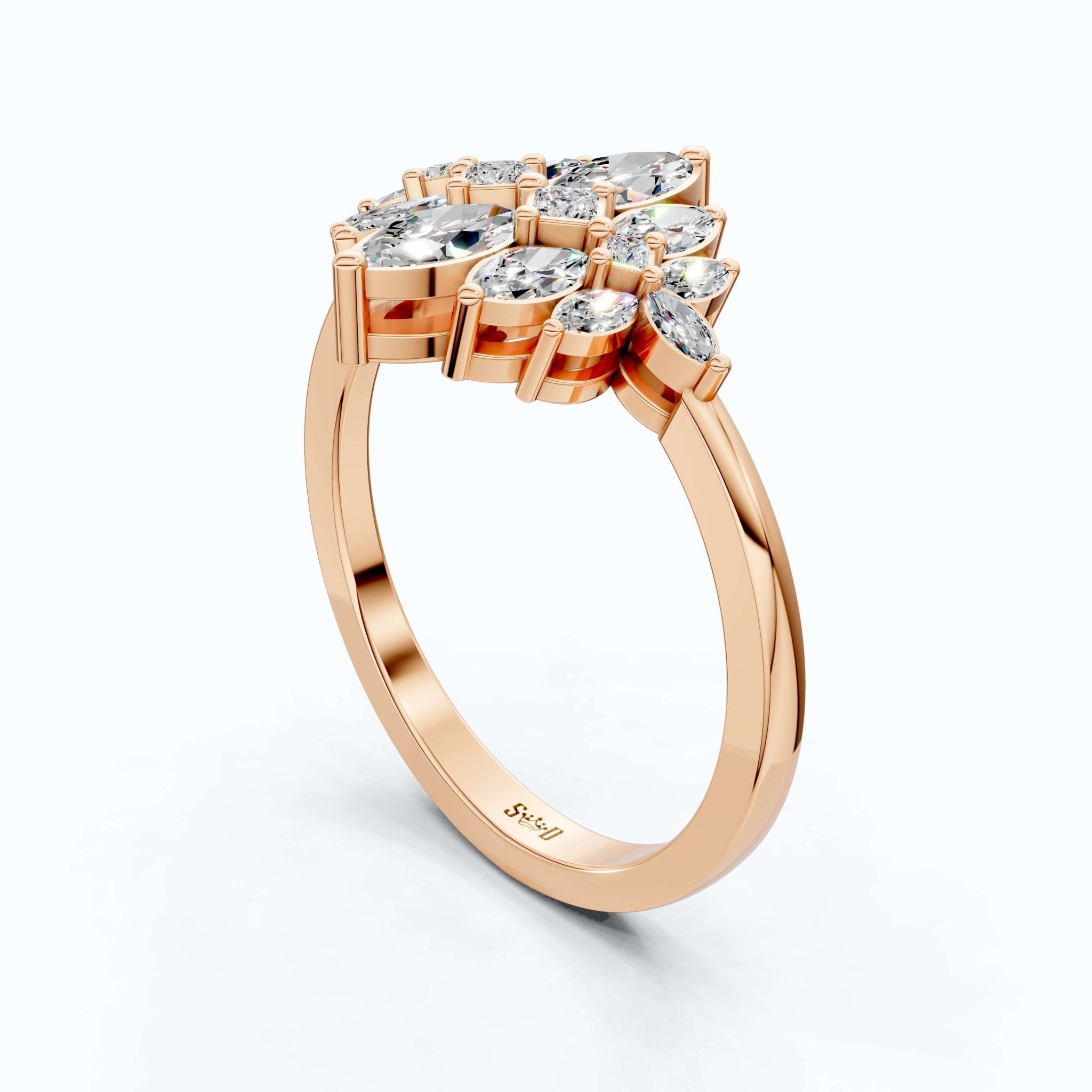 Marquise Floral Cluster Engagement Ring in 14k Solid Gold, 0.62 TCW Marquise/Princess Cut Lab Diamonds, Bridal Jewelry, Anniversary Gift for Her - Shoora Designs