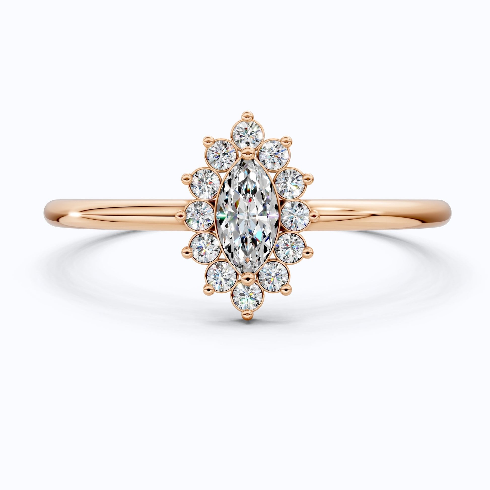 Marquise Floral Halo Cluster Engagement Ring in 14k Solid Gold, Unique Halo Wedding Band, Birthday Gift for Wife, Handmade Jewelry - Shoora Designs