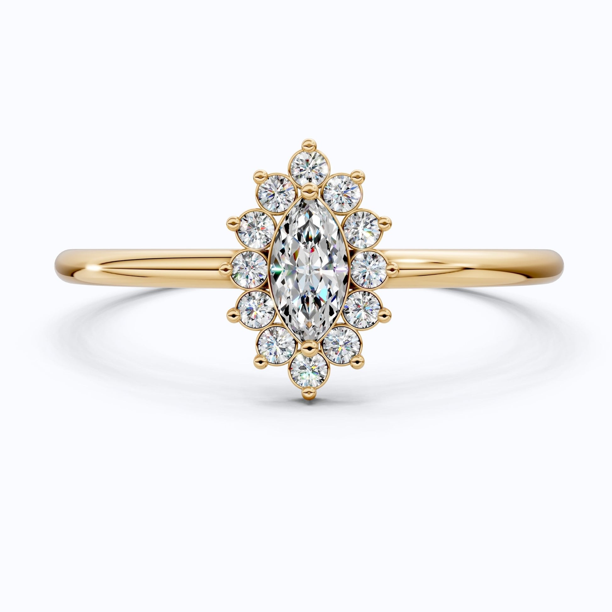 Marquise Floral Halo Cluster Engagement Ring in 14k Solid Gold, Unique Halo Wedding Band, Birthday Gift for Wife, Handmade Jewelry - Shoora Designs